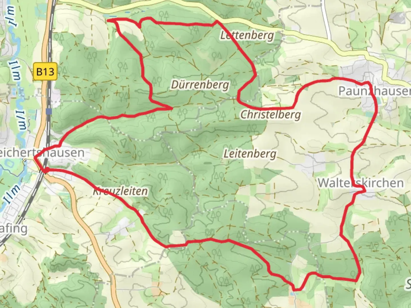 An image depicting the trail Reichertshauser and Walterskirchen Loop and its surrounding area.