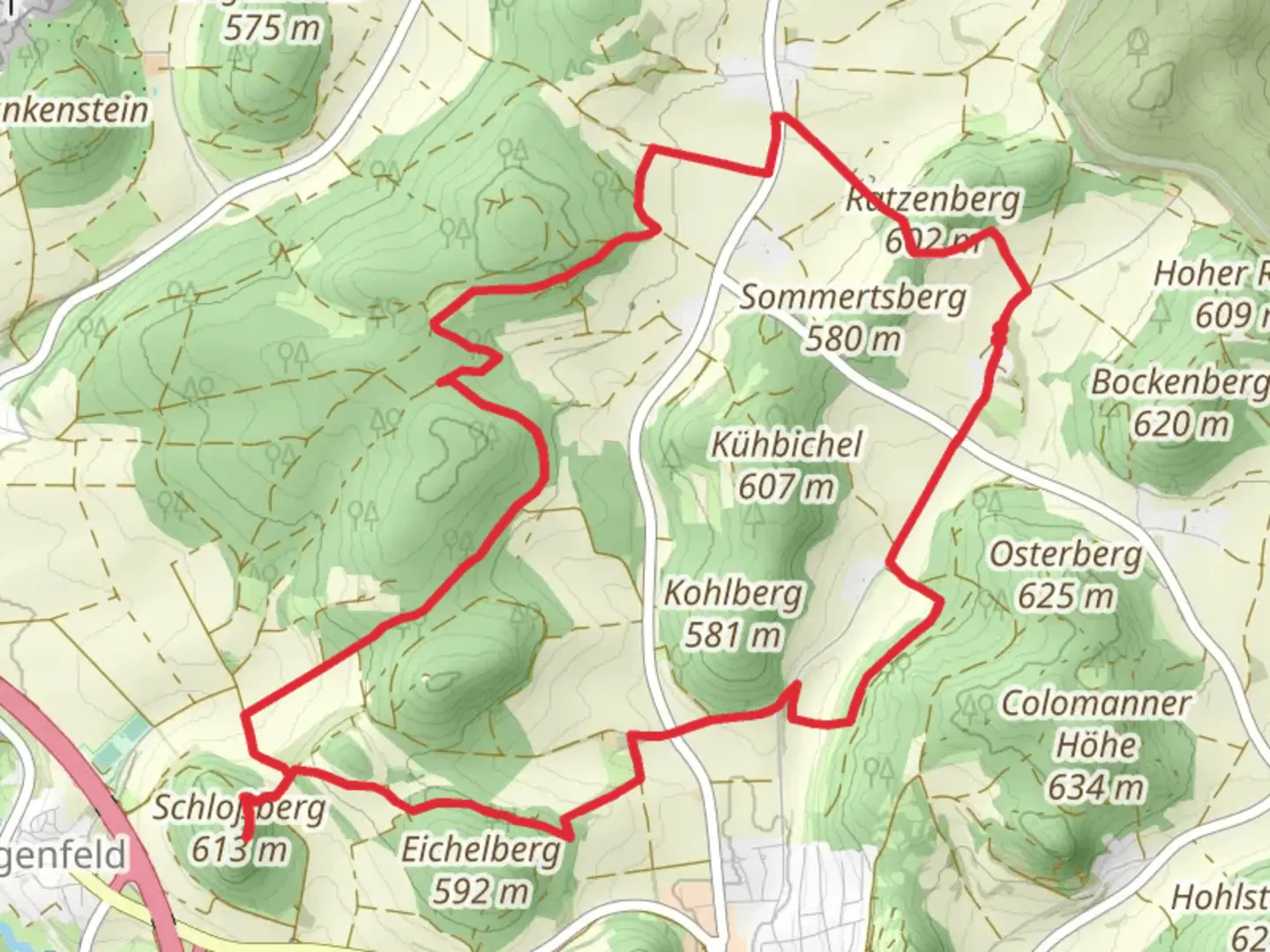 An image depicting the trail Schloßberg via Kramertsbuegel and Parsberger Weg and its surrounding area.