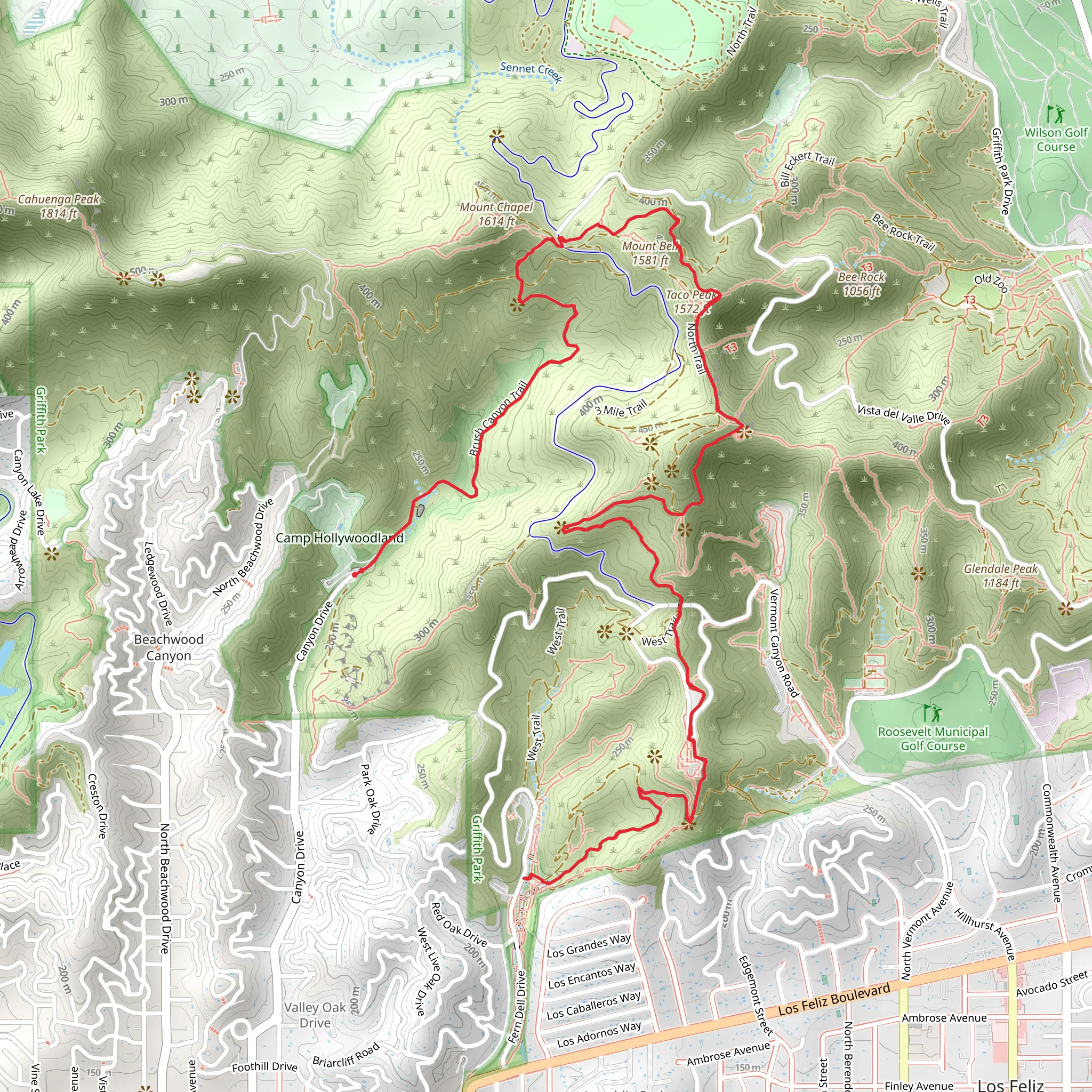 Brush Canyon, Mount Baby Bell and East Observatory Trail mobile static map