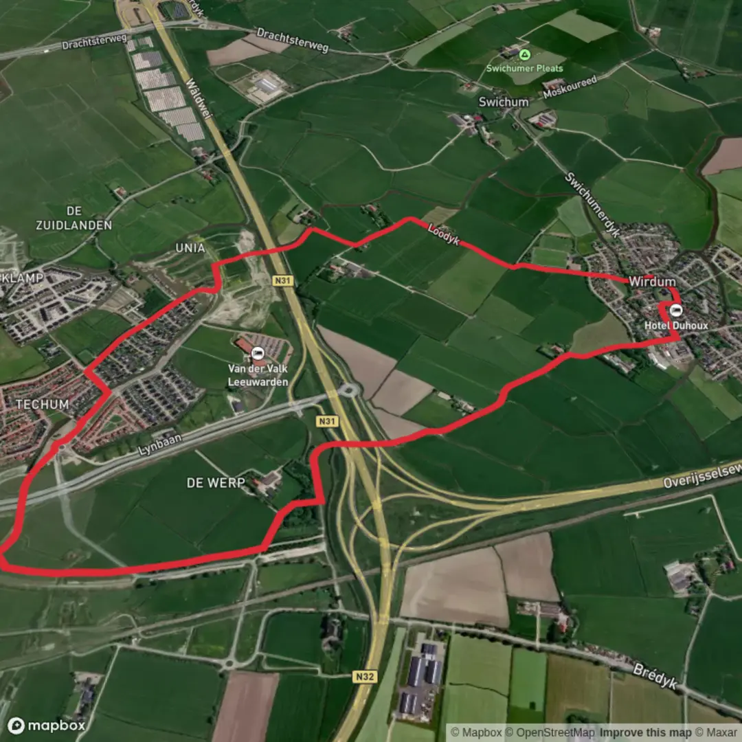 An image depicting the trail Knooppunt Werpsterhoek and De Zuidlanden Loop and its surrounding area.