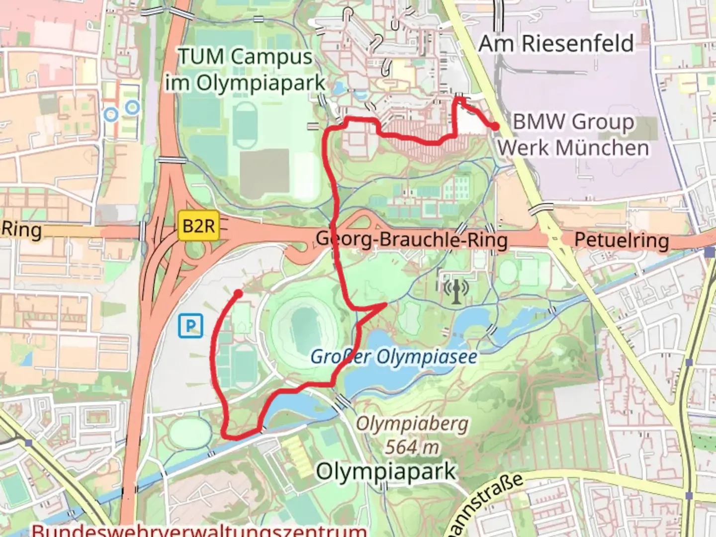An image depicting the trail Kleiner Olympiasee via Olympiapark Nord and Ernst-Curtius-Weg and its surrounding area.