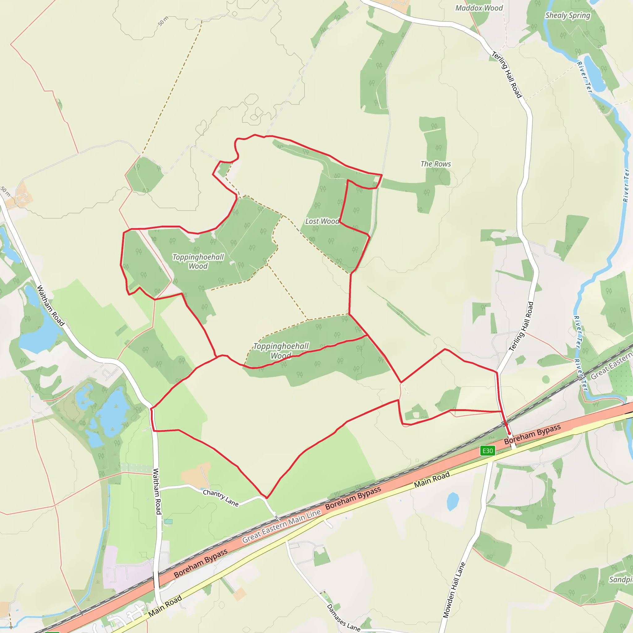 Toppinghoehall Wood and Lost Wood Loop mobile static map