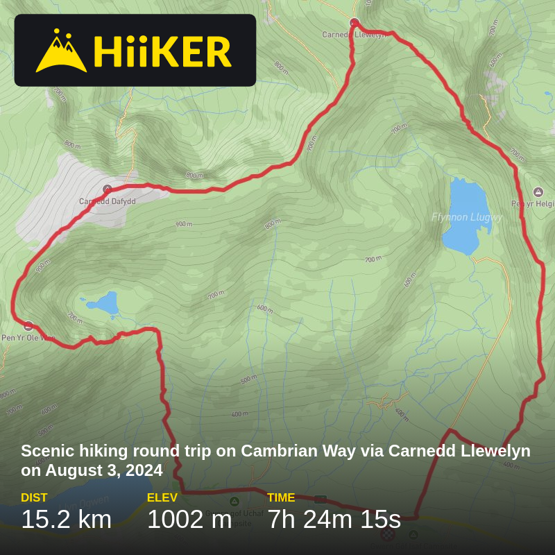 A map preview of the recording Cambrian Way via Carnedd Llewelyn August 3, 2024.