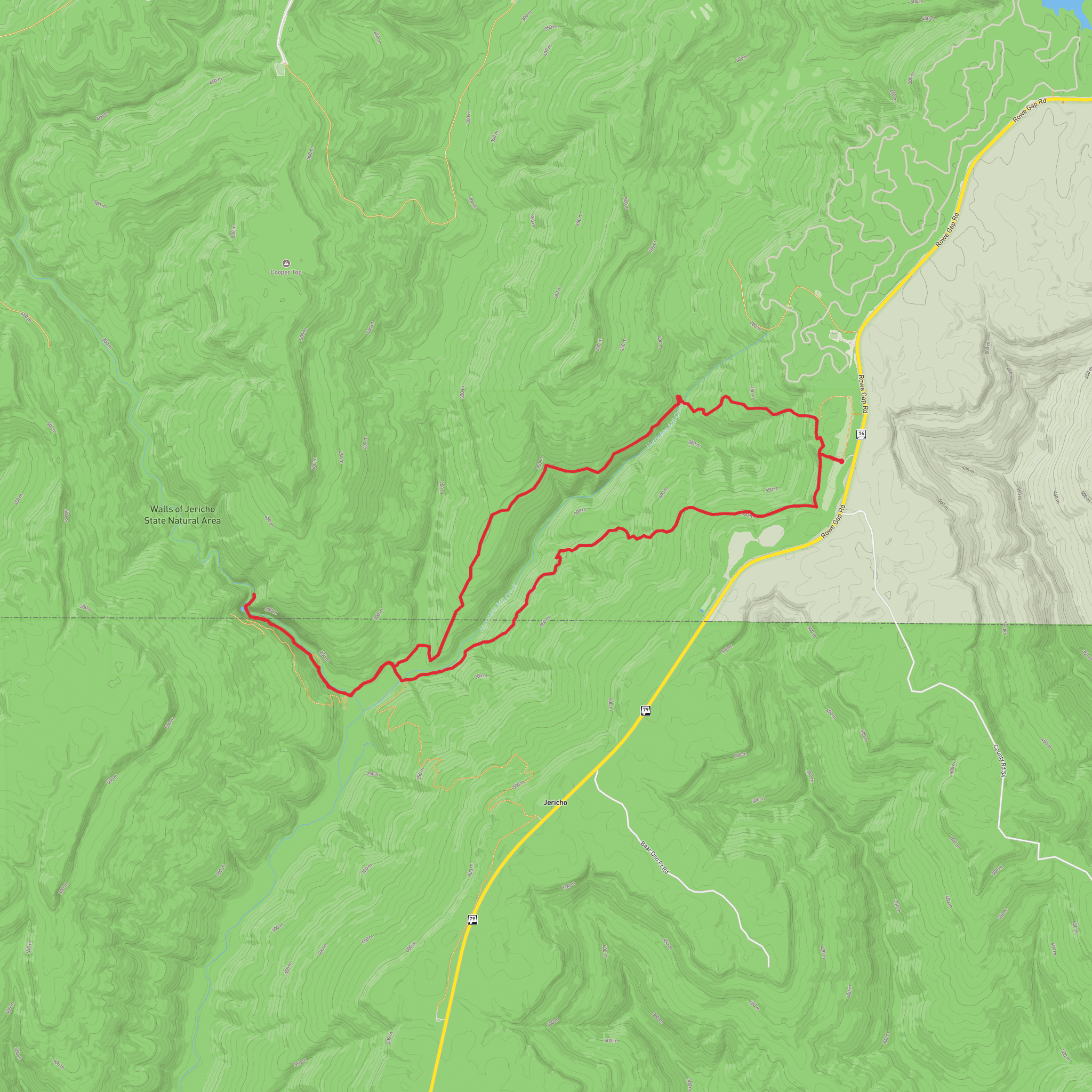 Falls of the Walls of Jericho via Walls of Jericho Trail mobile static map