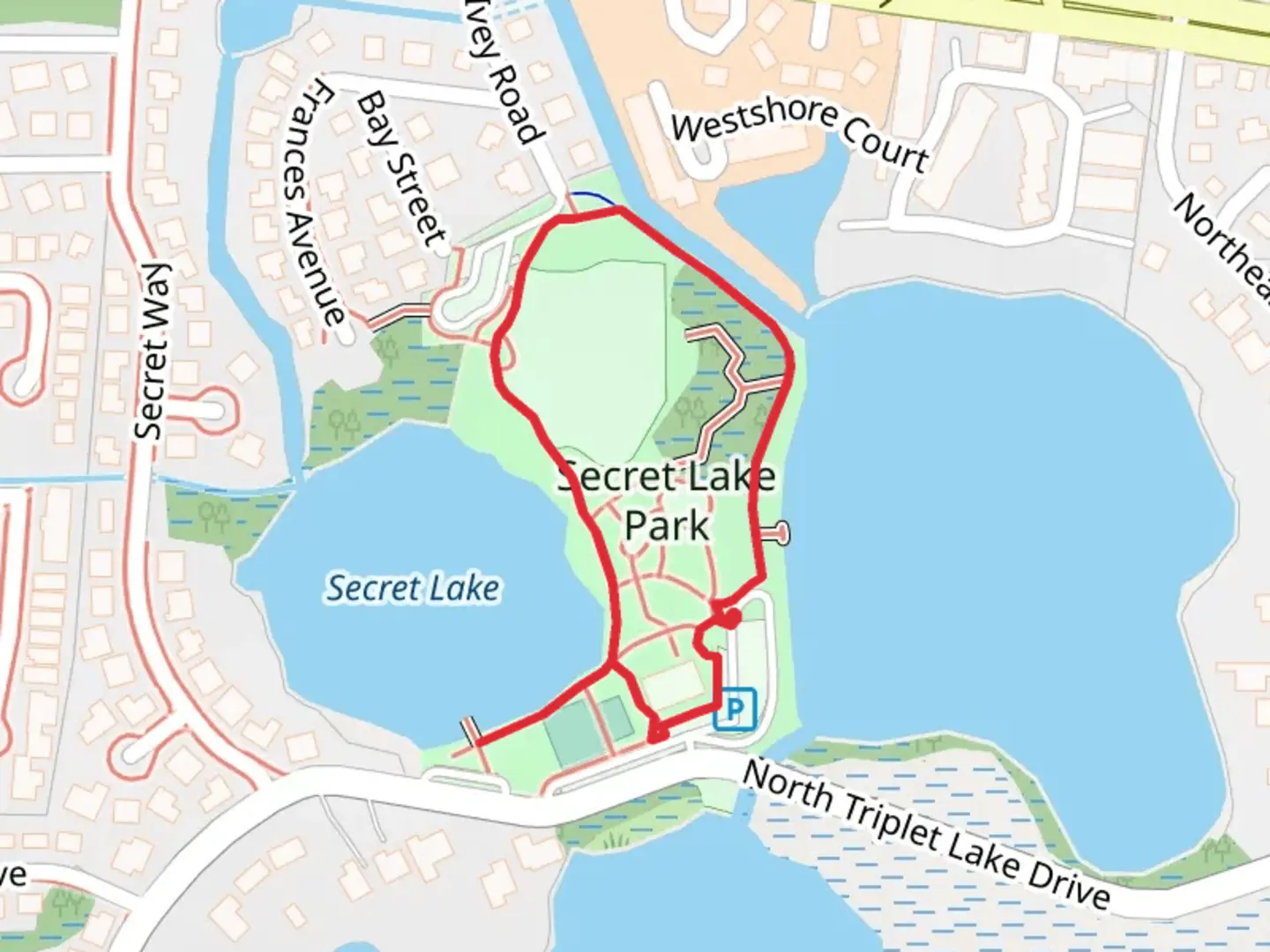 An image depicting the trail Secret Lake Park Loop and its surrounding area.