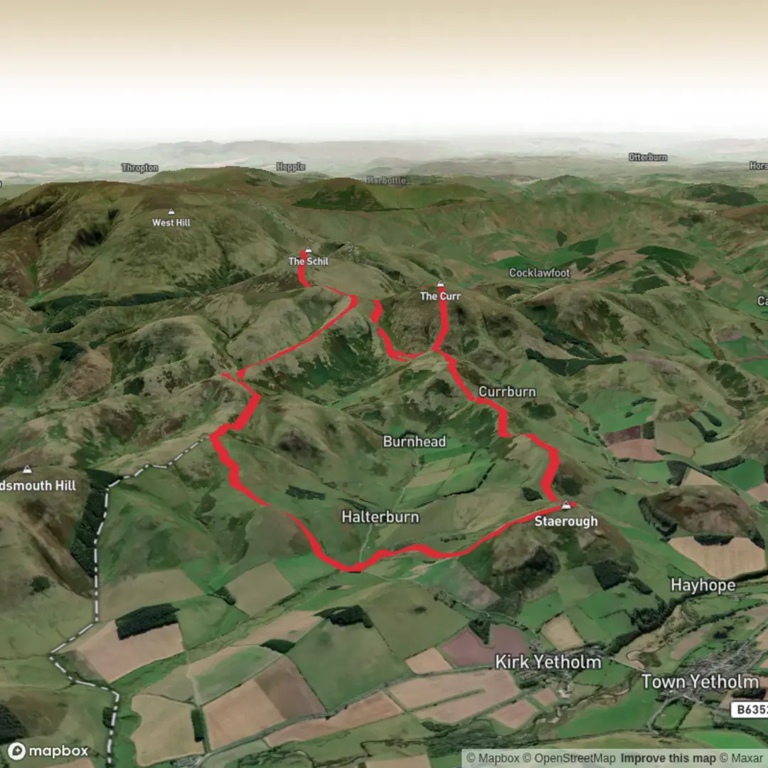 An image depicting the trail Staerough Hill, Sunnyside Hill, Wildgoose Hill, The Schil and Corbie Craig Loop via Pennine Way and its surrounding area.