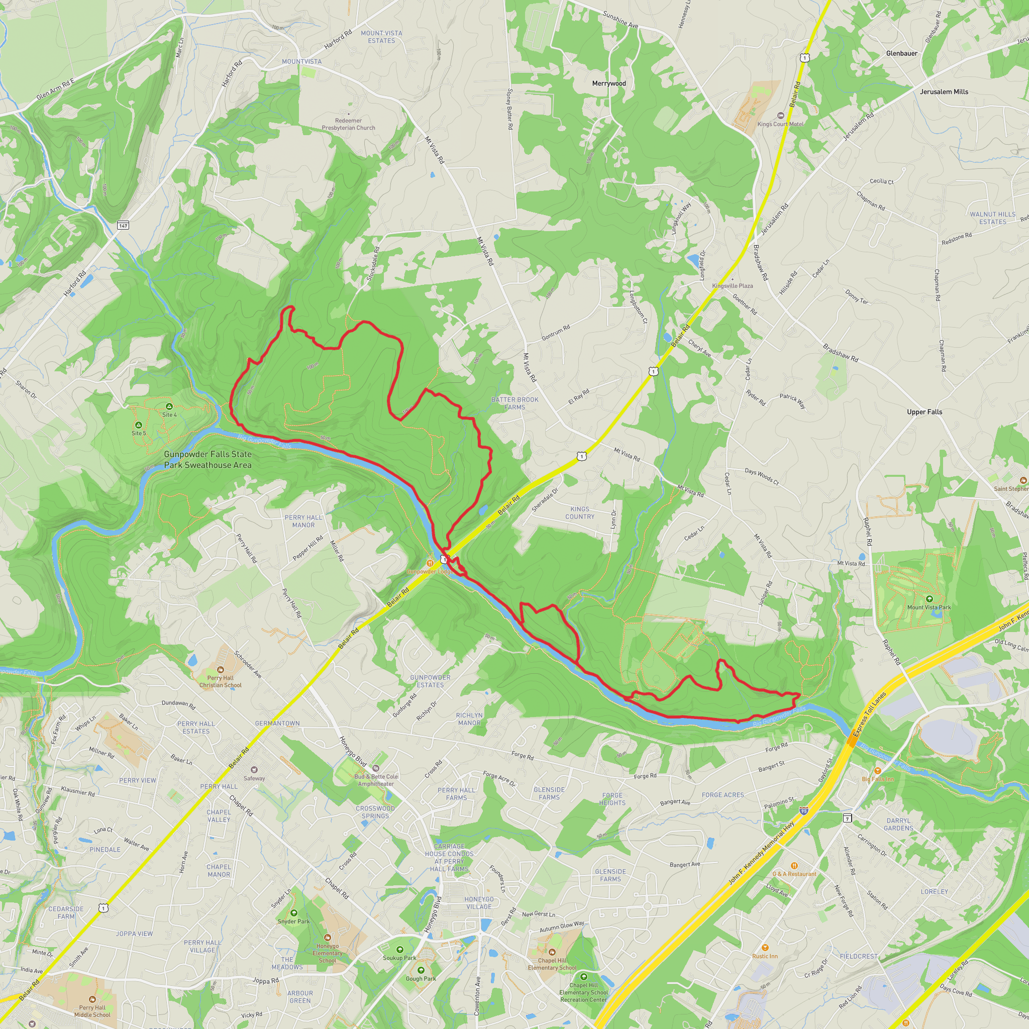 Gunpowder Falls via Sawmill Trail, Lost Pond Trail and Sweathouse Trail mobile static map