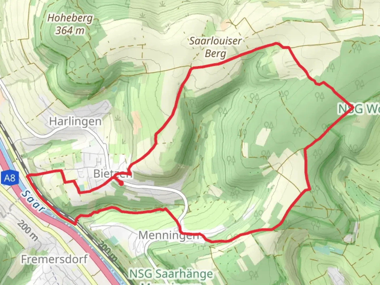 An image depicting the trail Bietzener Wald Loop and its surrounding area.