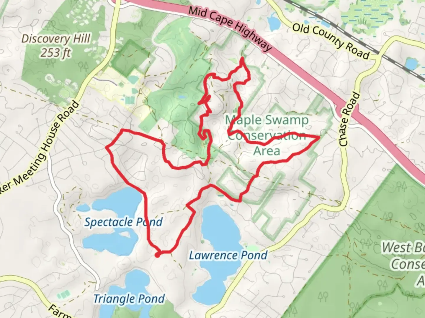 An image depicting the trail Wing Cart Path, West South Hill and Kiah's Way Loop - Camp Burgess and its surrounding area.