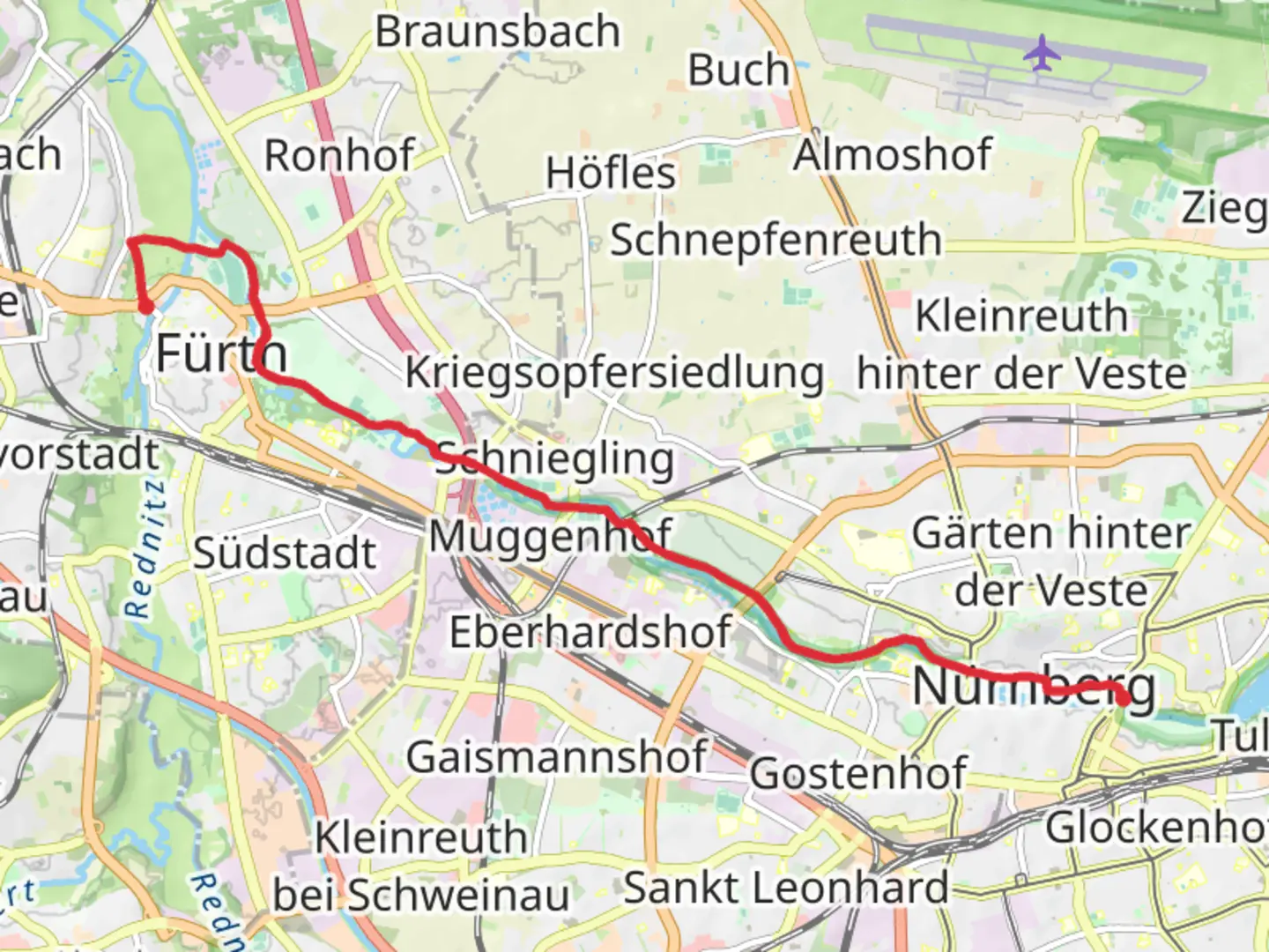 An image depicting the trail Fürth-Stadthalle to Wöhrder Wiese via Suessheimweg and its surrounding area.