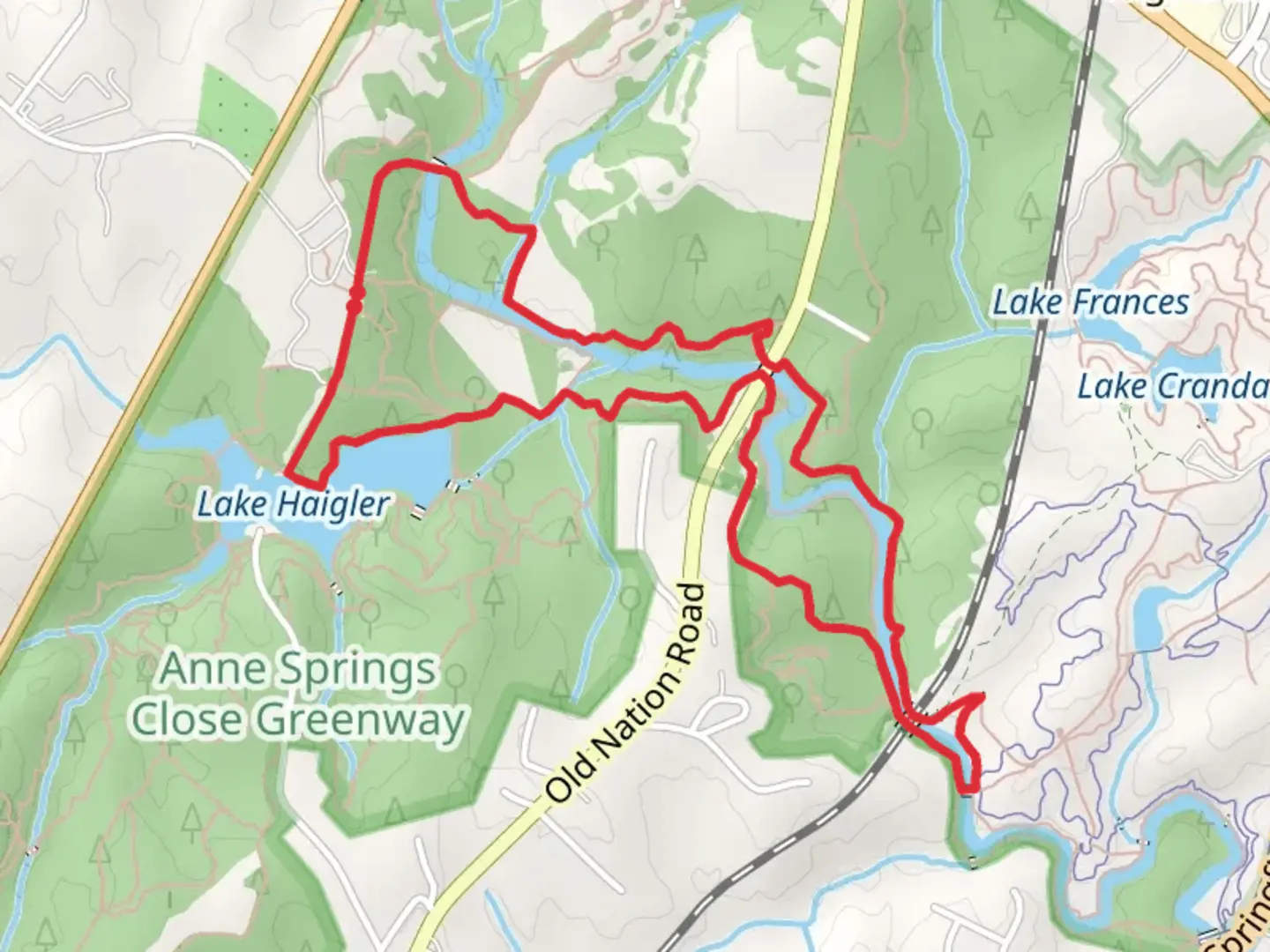 An image depicting the trail North Steele Creek Trail, Blue Star, Muscadine and Lake Haigler Loop Trail and its surrounding area.