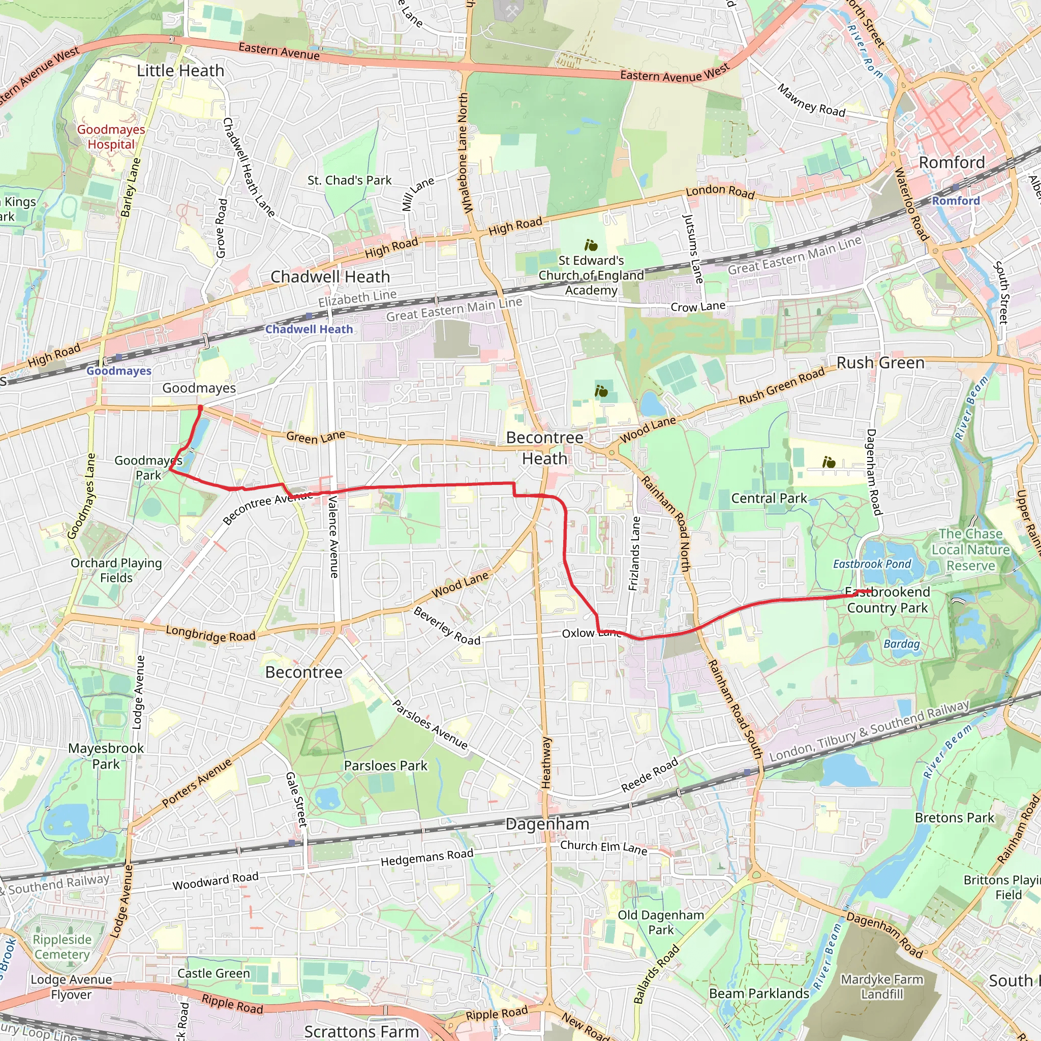 Goodmayes Park to Eastbrookend Country Park Walk | London | England