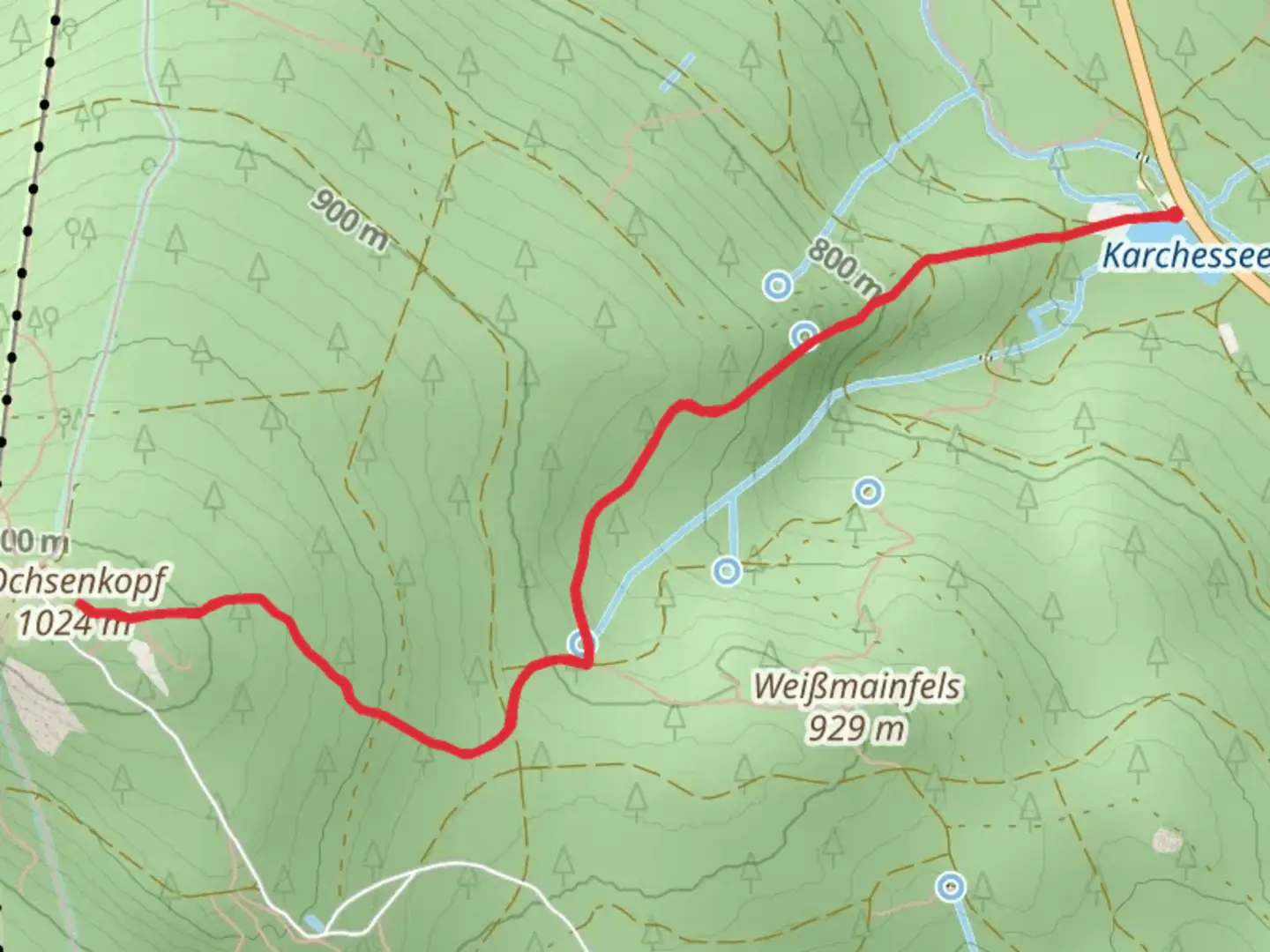 An image depicting the trail Ochsenkopf and Karchessee Walk via Quellenweg and its surrounding area.