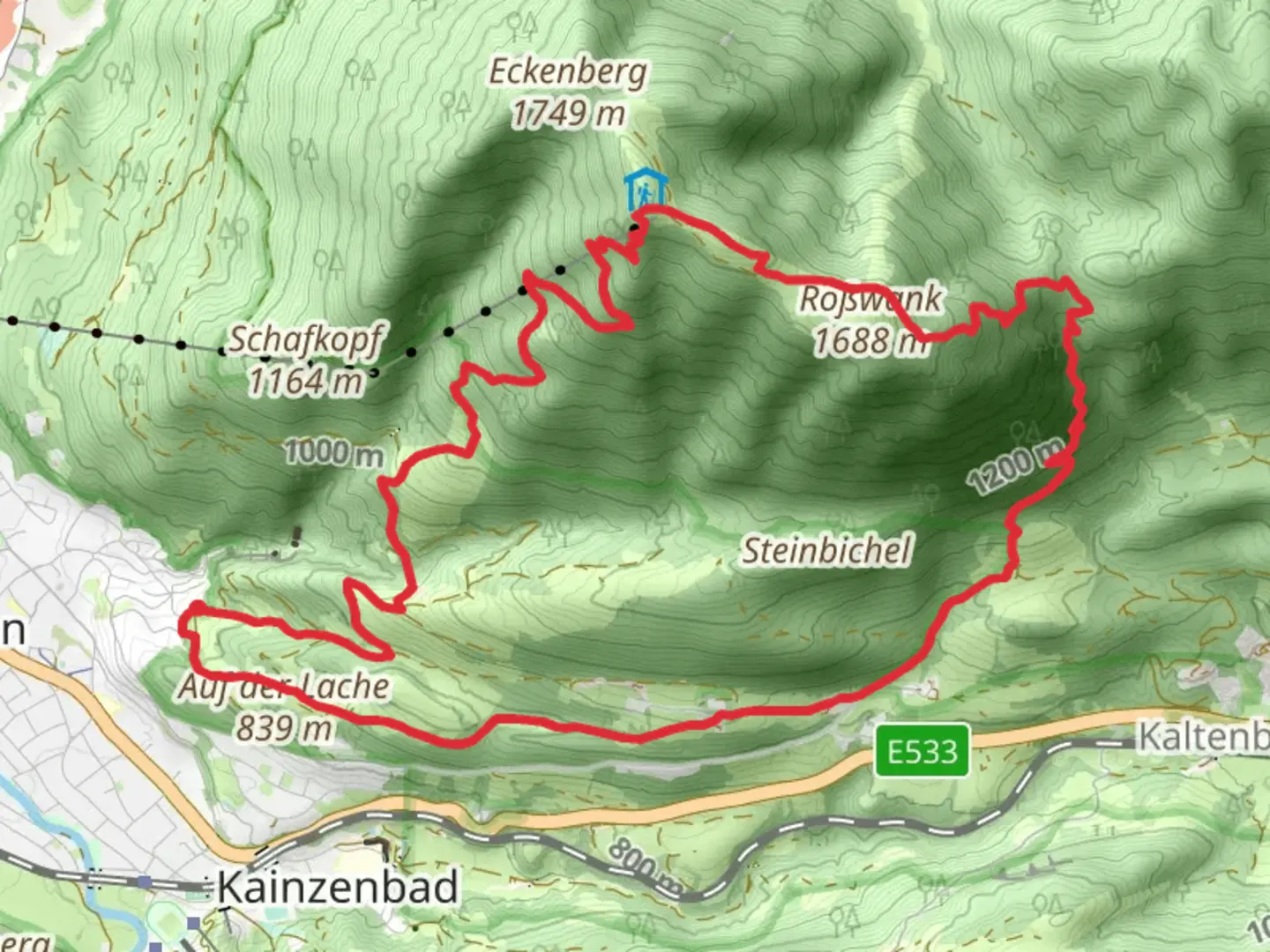 An image depicting the trail Sonnenuhr Via Alpina Violett and its surrounding area.