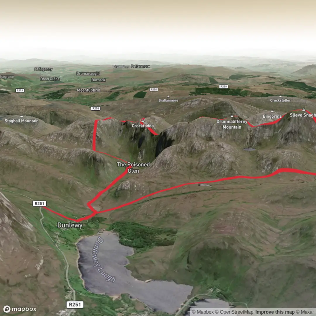 An image depicting the trail Sliabh Sneachta Poisoned Glen and its surrounding area.