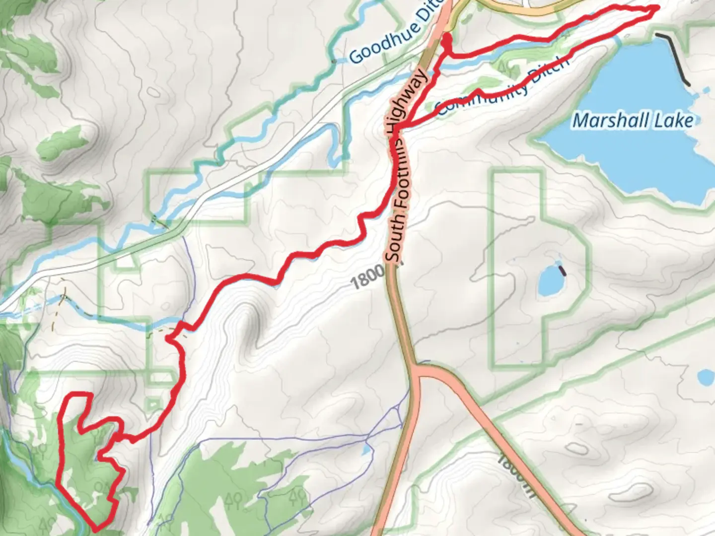 An image depicting the trail Coal Seam Trail, Marshall Valley Trail and Spring Brook Loop South Trail and its surrounding area.