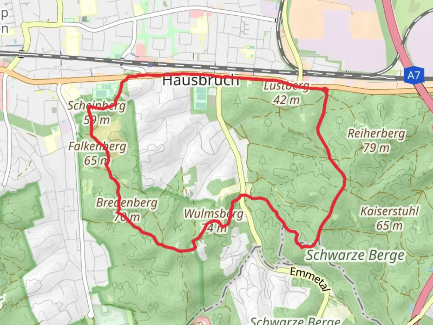 An image depicting the trail Scheinberg Falkenberg and Hausbruch Loop via Wander Tour Harburger Berge and its surrounding area.