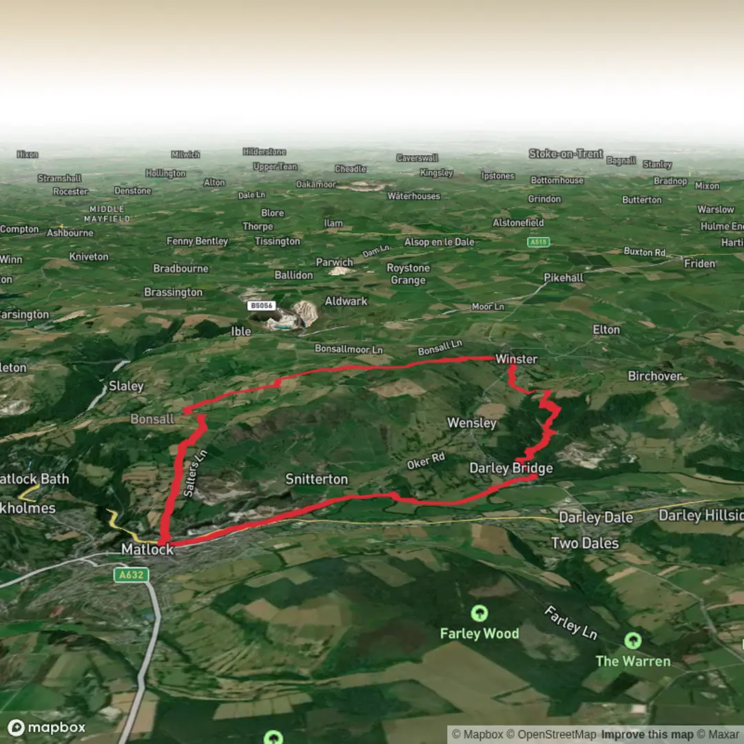 An image depicting the trail Winster / Matlock / Darley Bridge Loop and its surrounding area.