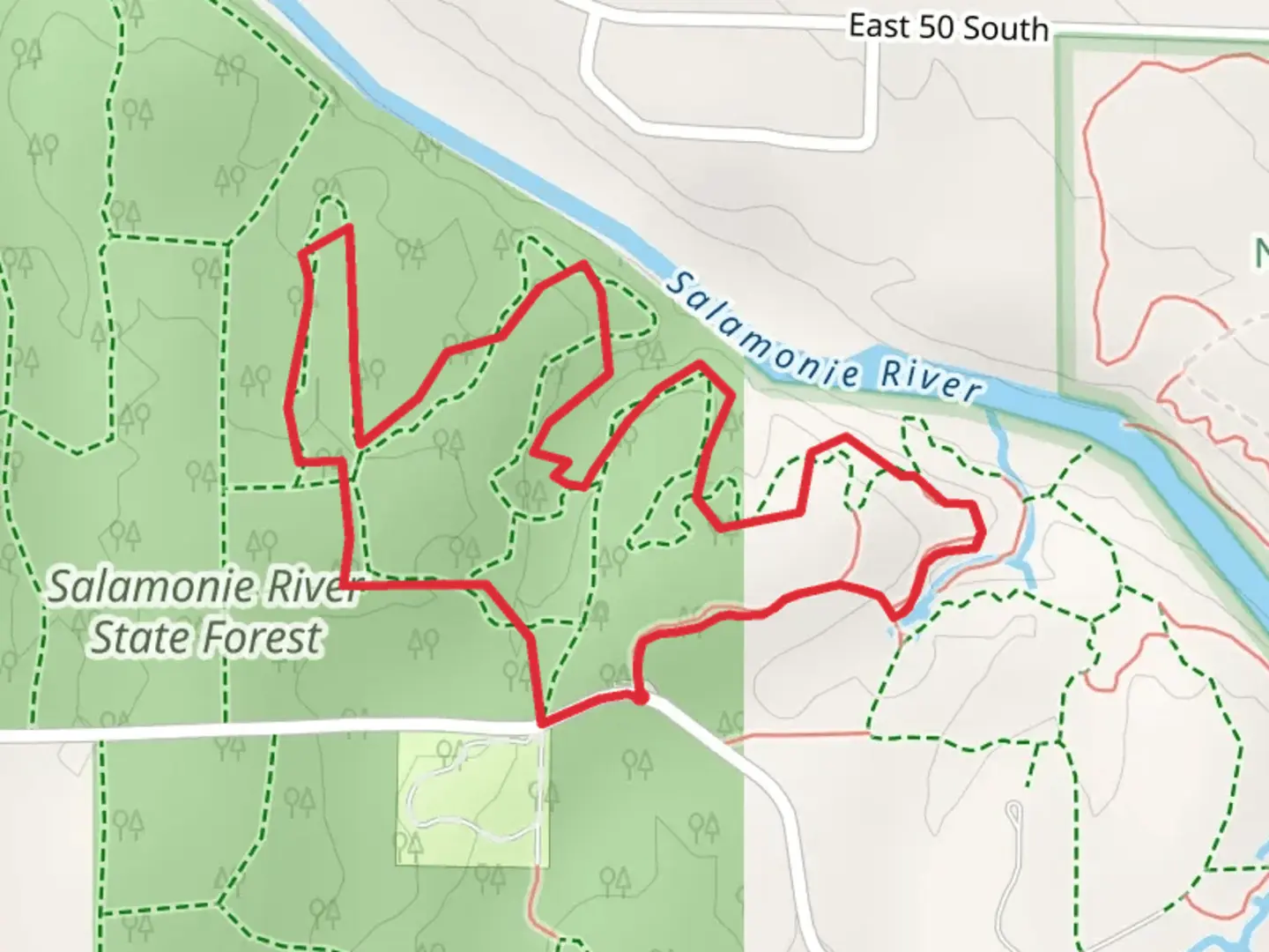 An image depicting the trail Salamonie River State Forest Loop - East and its surrounding area.