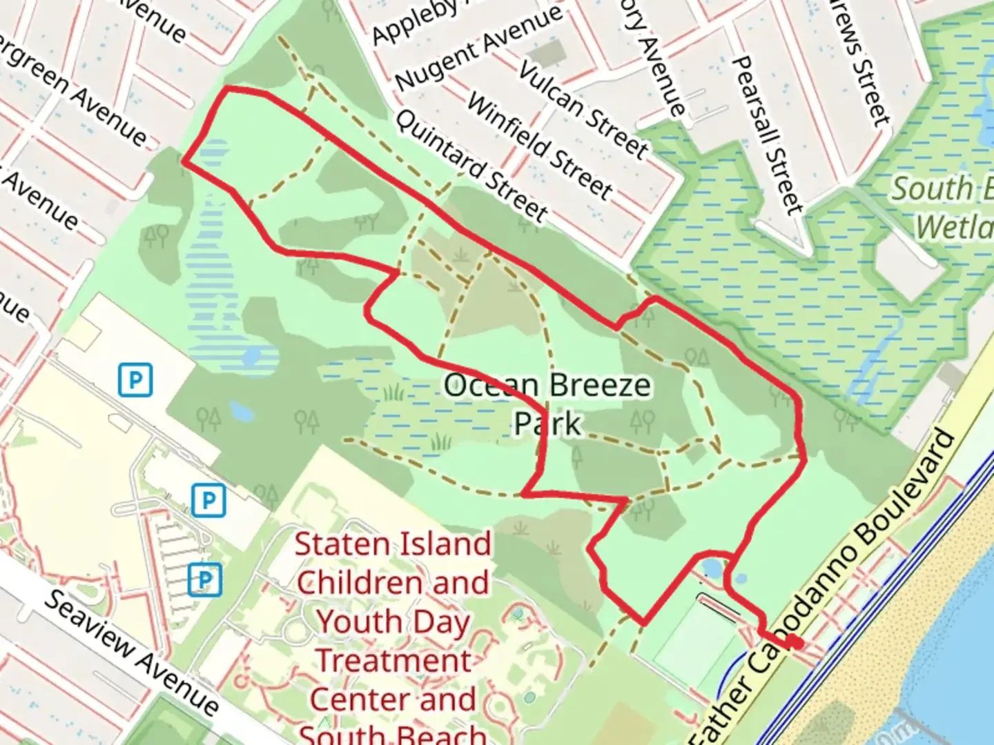 An image depicting the trail Ocean Breeze Park Loop and its surrounding area.