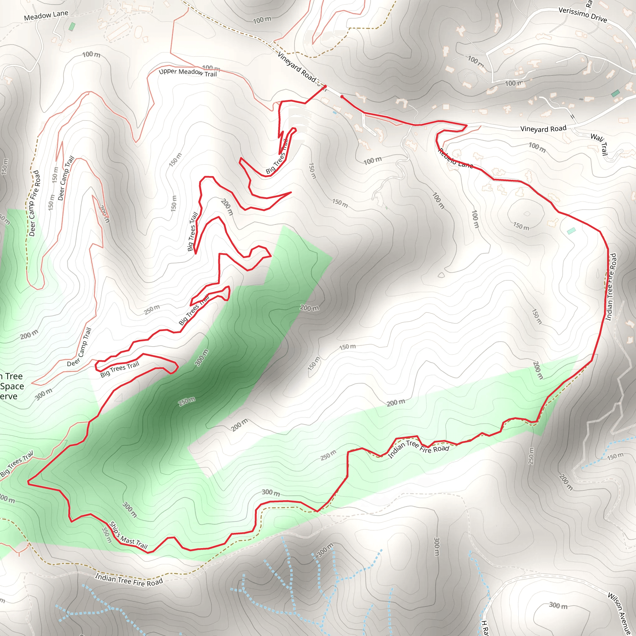 Big Trees Trail and Indian Tree Fire Road Loop mobile static map