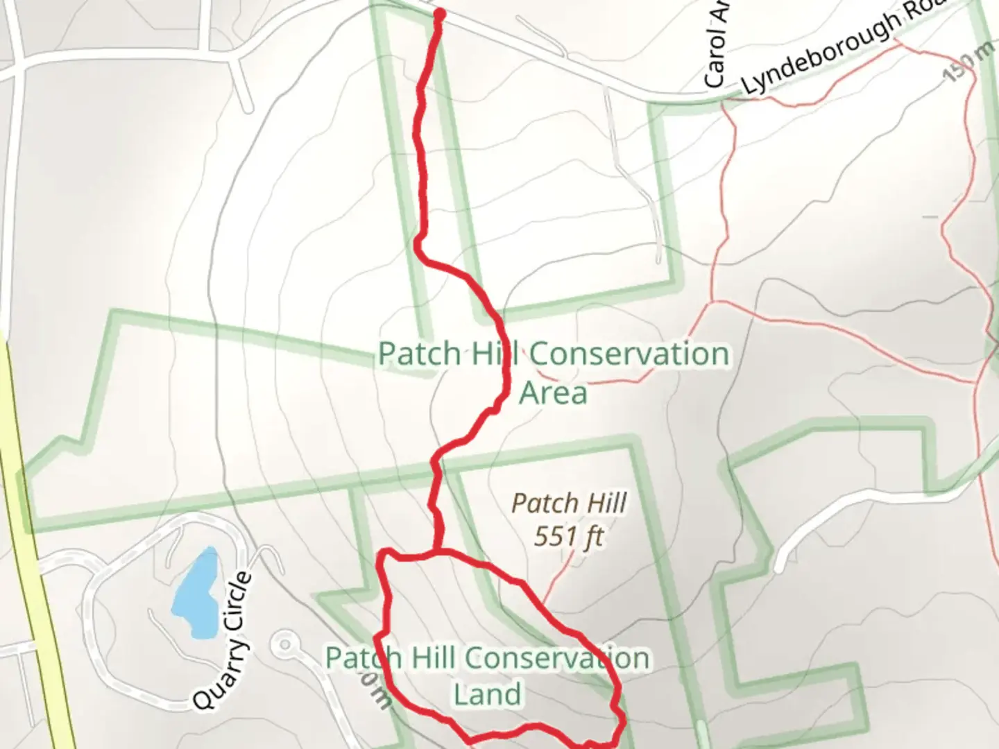 An image depicting the trail Patch Hill Conservation Land Loop Trail and its surrounding area.