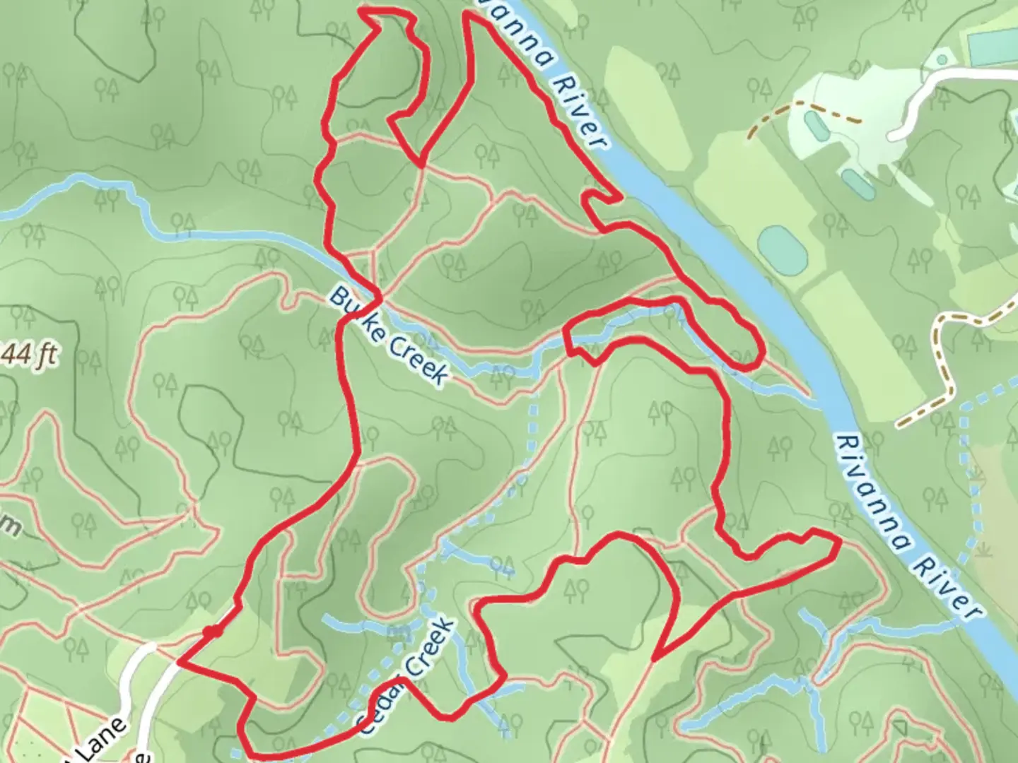 An image depicting the trail Burke Heights, Heritage Trail and Brush Arbor Loop and its surrounding area.