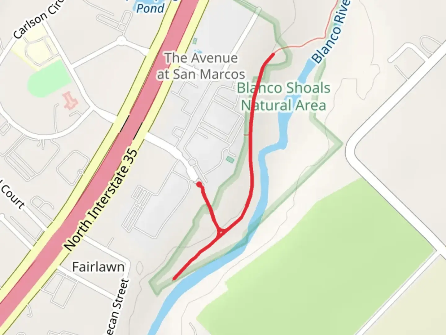 An image depicting the trail Blanco River Walk and its surrounding area.