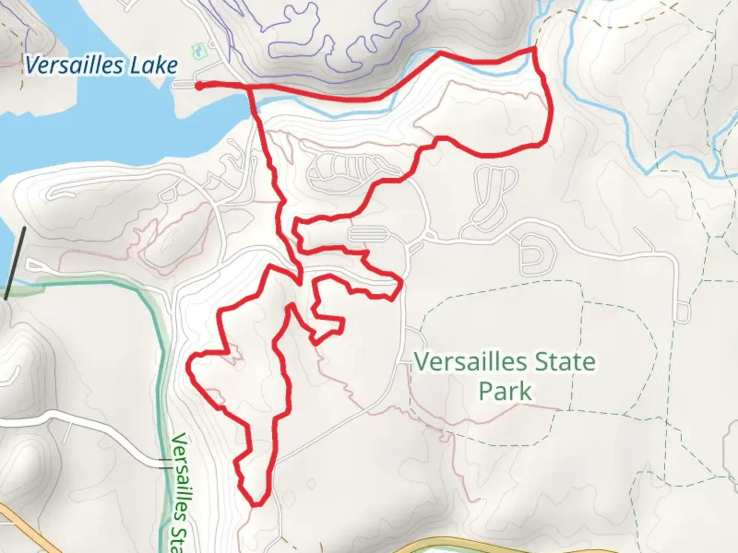 An image depicting the trail Versailles State Park Dam Loop - Loop and its surrounding area.