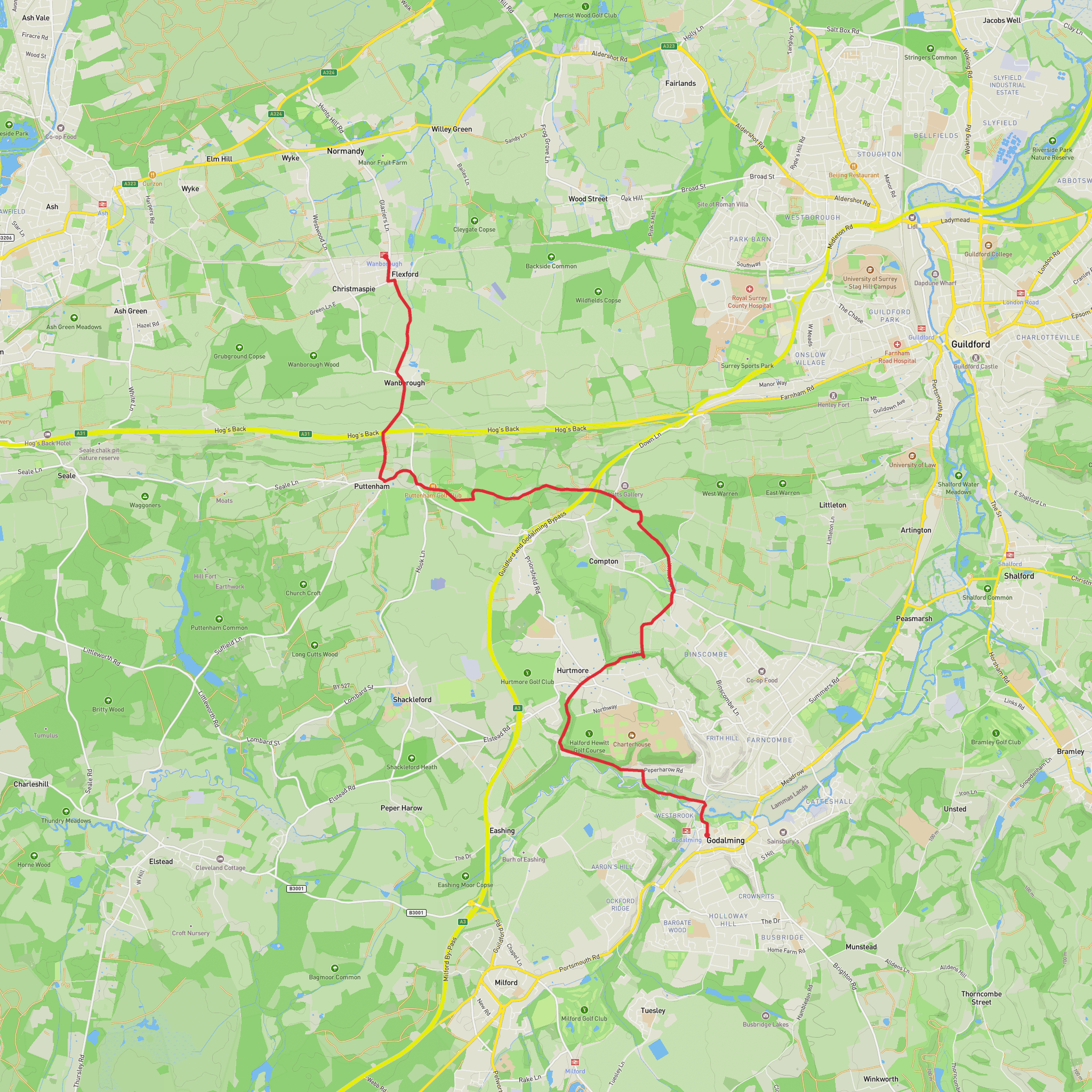 Wanborough to Godalming mobile static map
