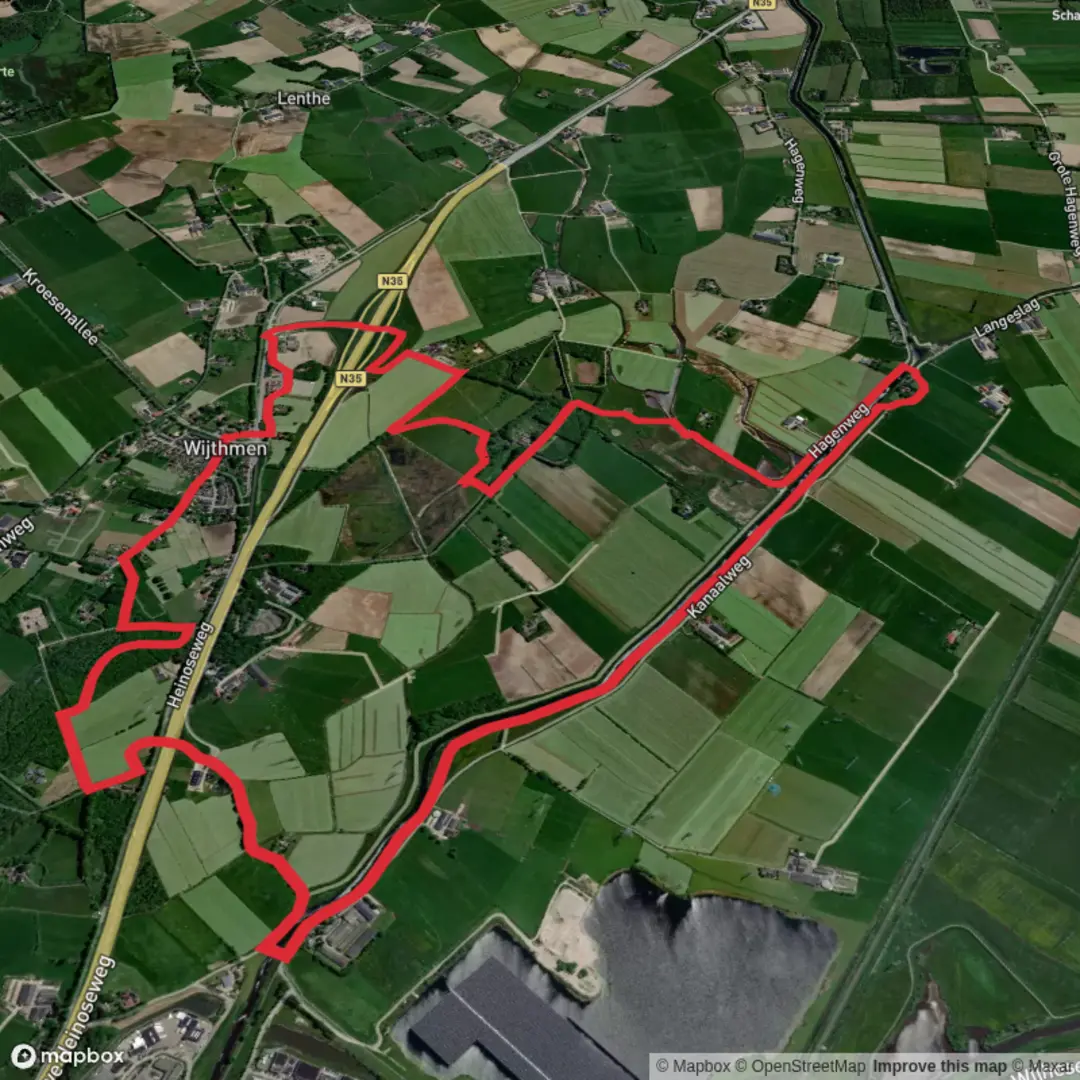 An image depicting the trail Woestijnen Weg and Kanaal Weg Loop and its surrounding area.