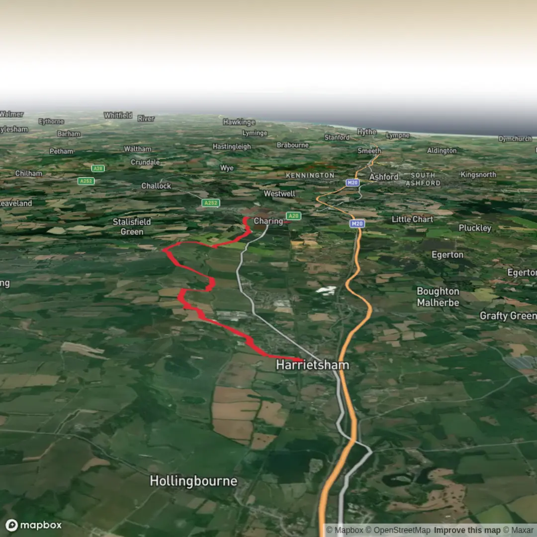 An image depicting the trail Harrietsham to Charing Station to station and its surrounding area.