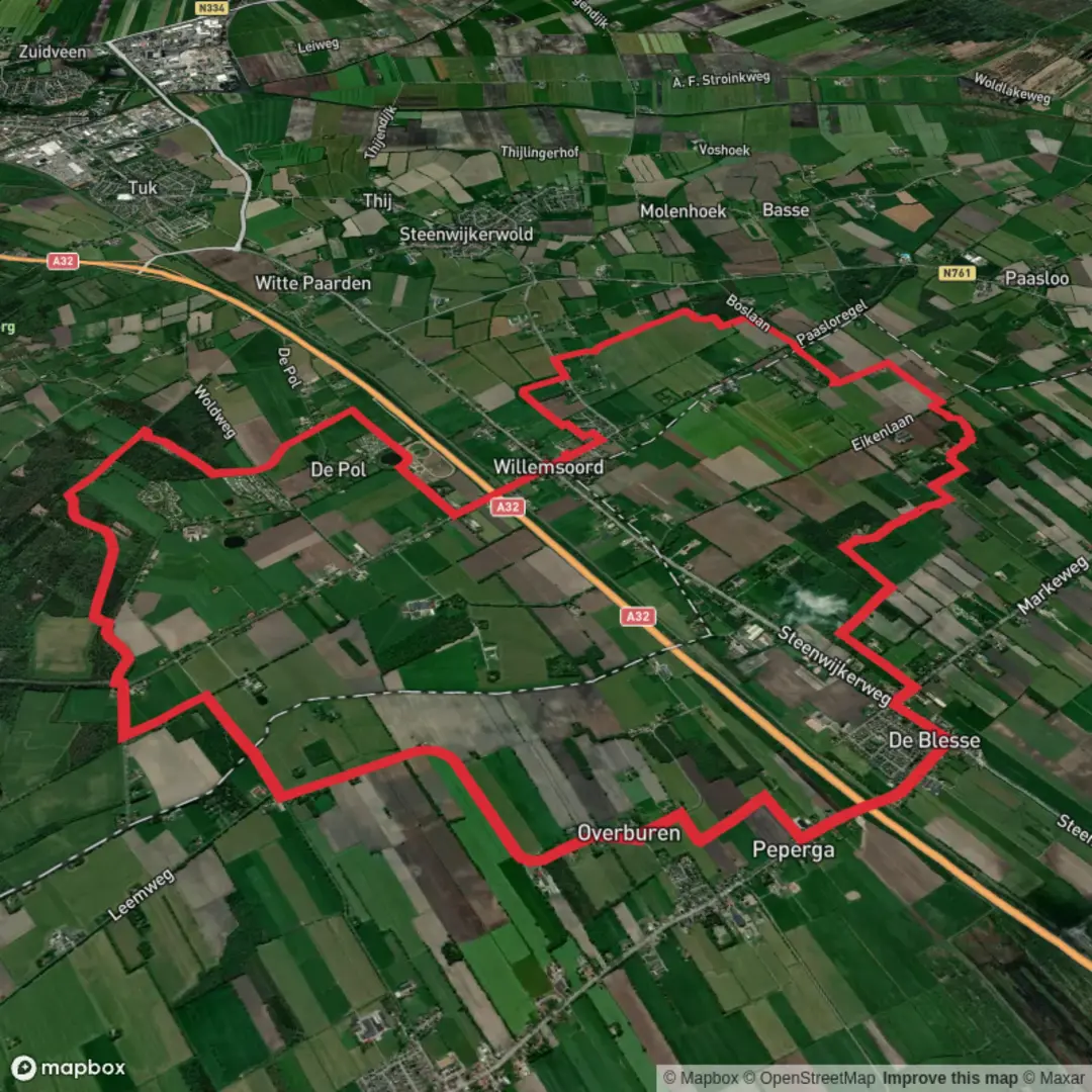 An image depicting the trail Het Heideveld, Hoeve Overburen and Helmhorst Loop and its surrounding area.