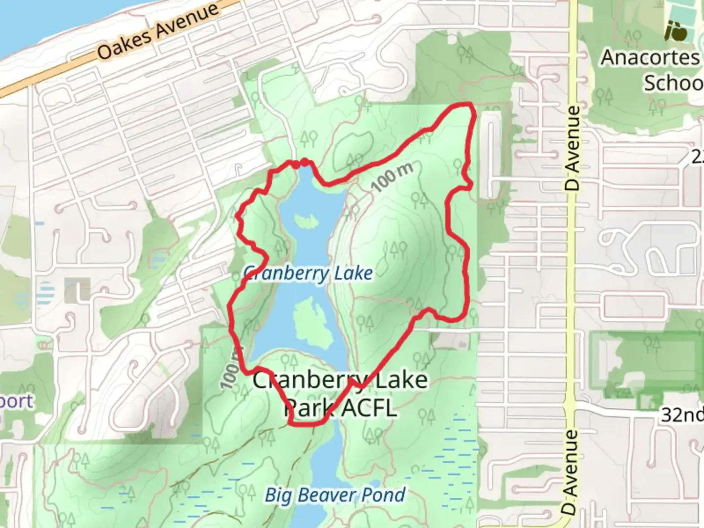 An image depicting the trail Cranberry Lake and Trail 100 Loop and its surrounding area.
