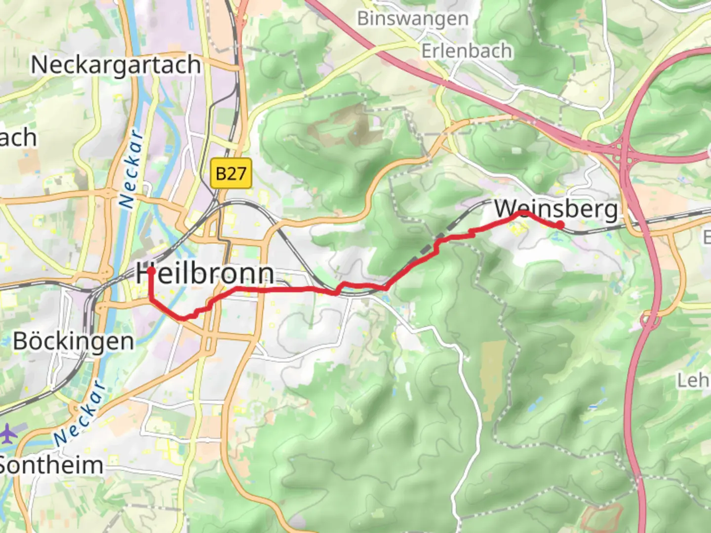 An image depicting the trail Weinsberg to Hauptbahnhof via Zwischen Stadtsee und Waldheide and its surrounding area.