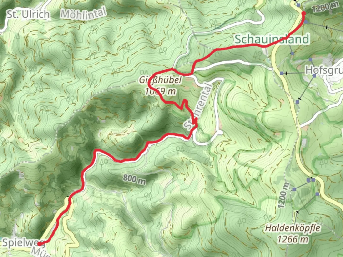 An image depicting the trail Spielweg to Bergstation via Talweg and its surrounding area.