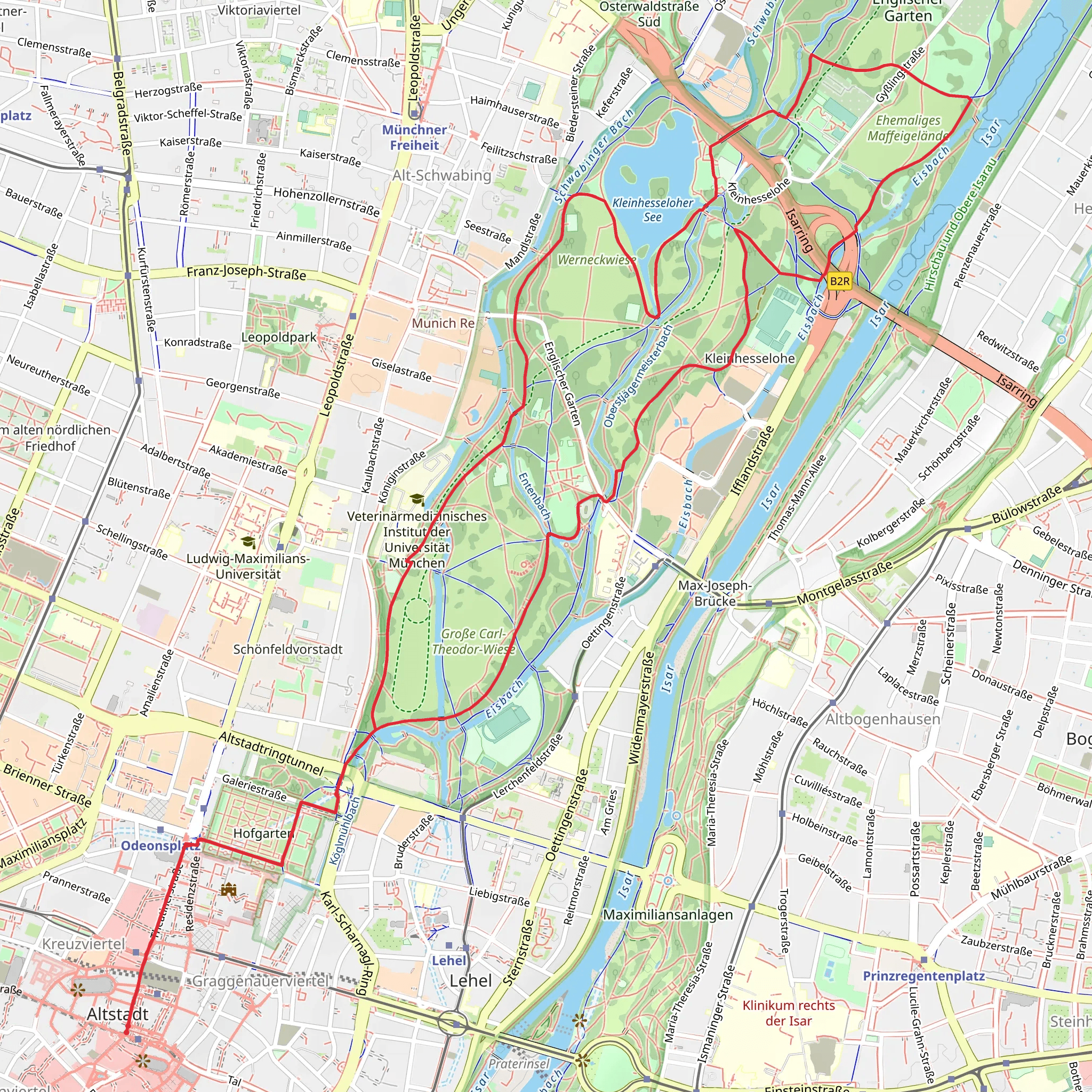 Kleinhesseloher See and Eisbach via Carl Theodor Strasse mobile static map