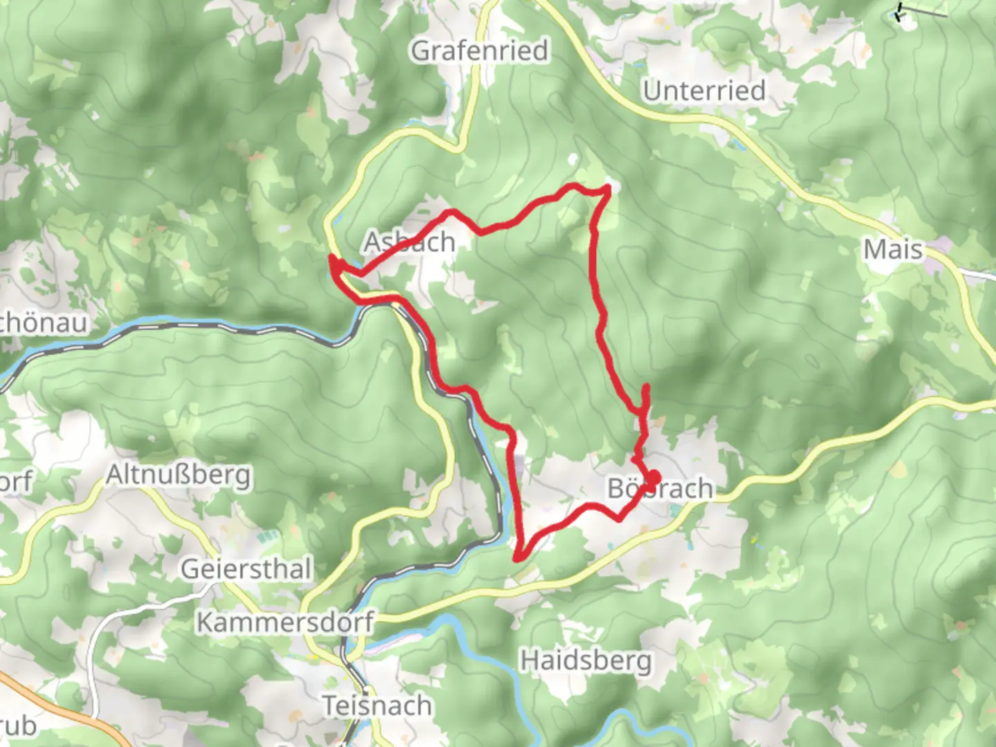 An image depicting the trail Schwarzer Regen via Böbrach Wander Route and Zielwanderweg 8 Böbrach - Teisnach and its surrounding area.