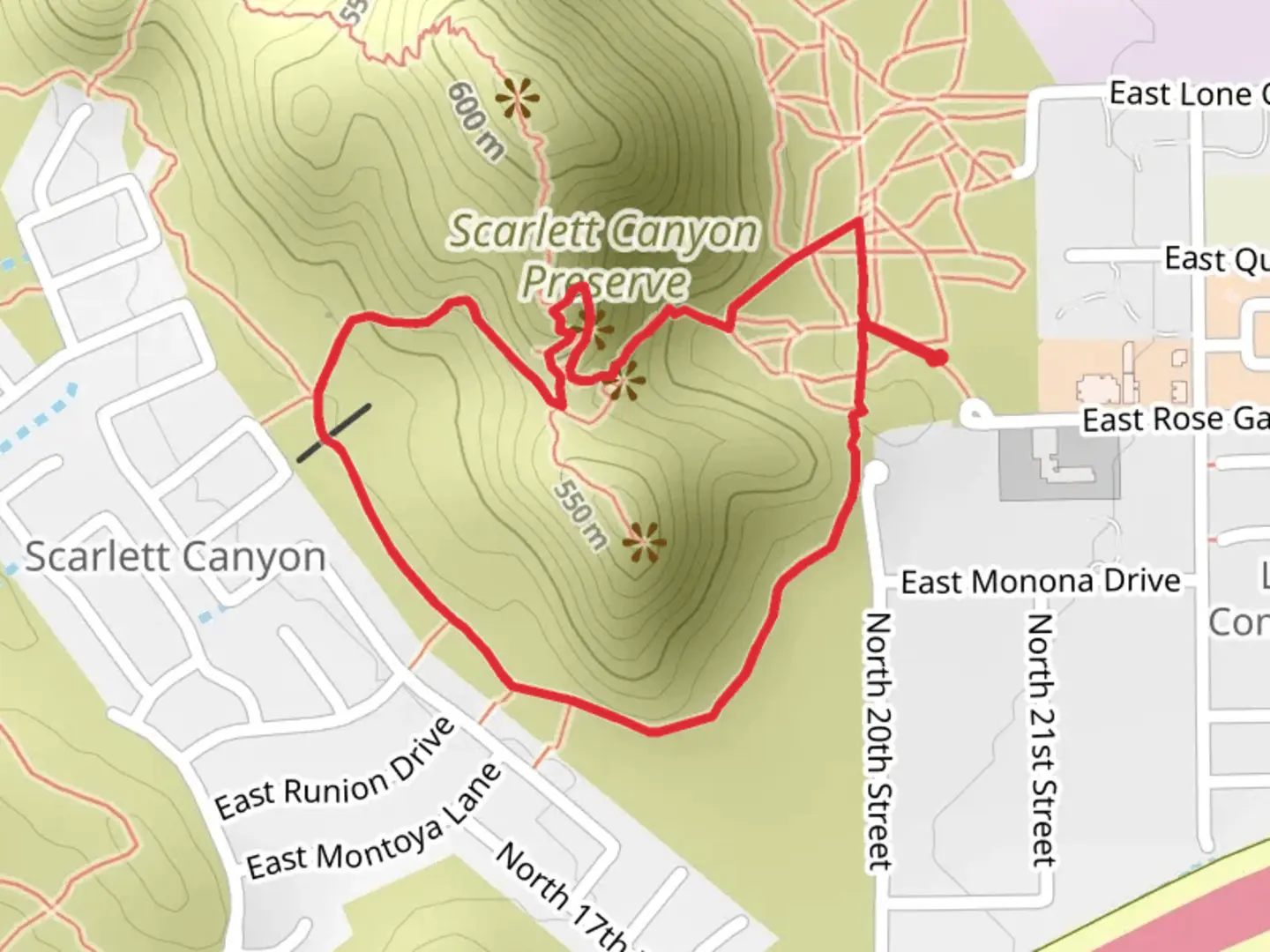 An image depicting the trail Scarlett Canyon Preserve Short loop and its surrounding area.