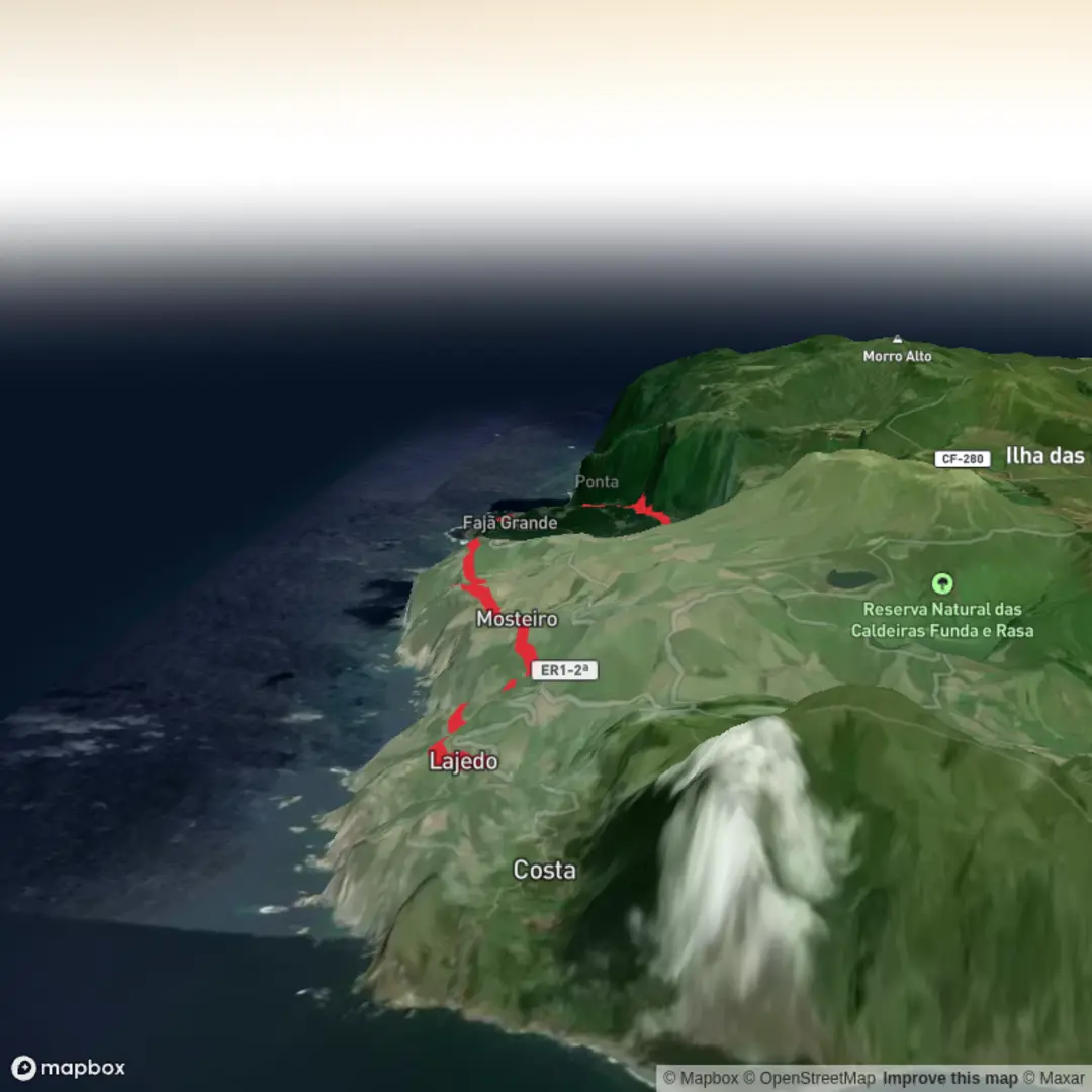 An image depicting the trail Lajedo to Fajã Grande via Pico do Fachial, Cruzeiro da Fajazinha and Lagoa dos Patos and its surrounding area.