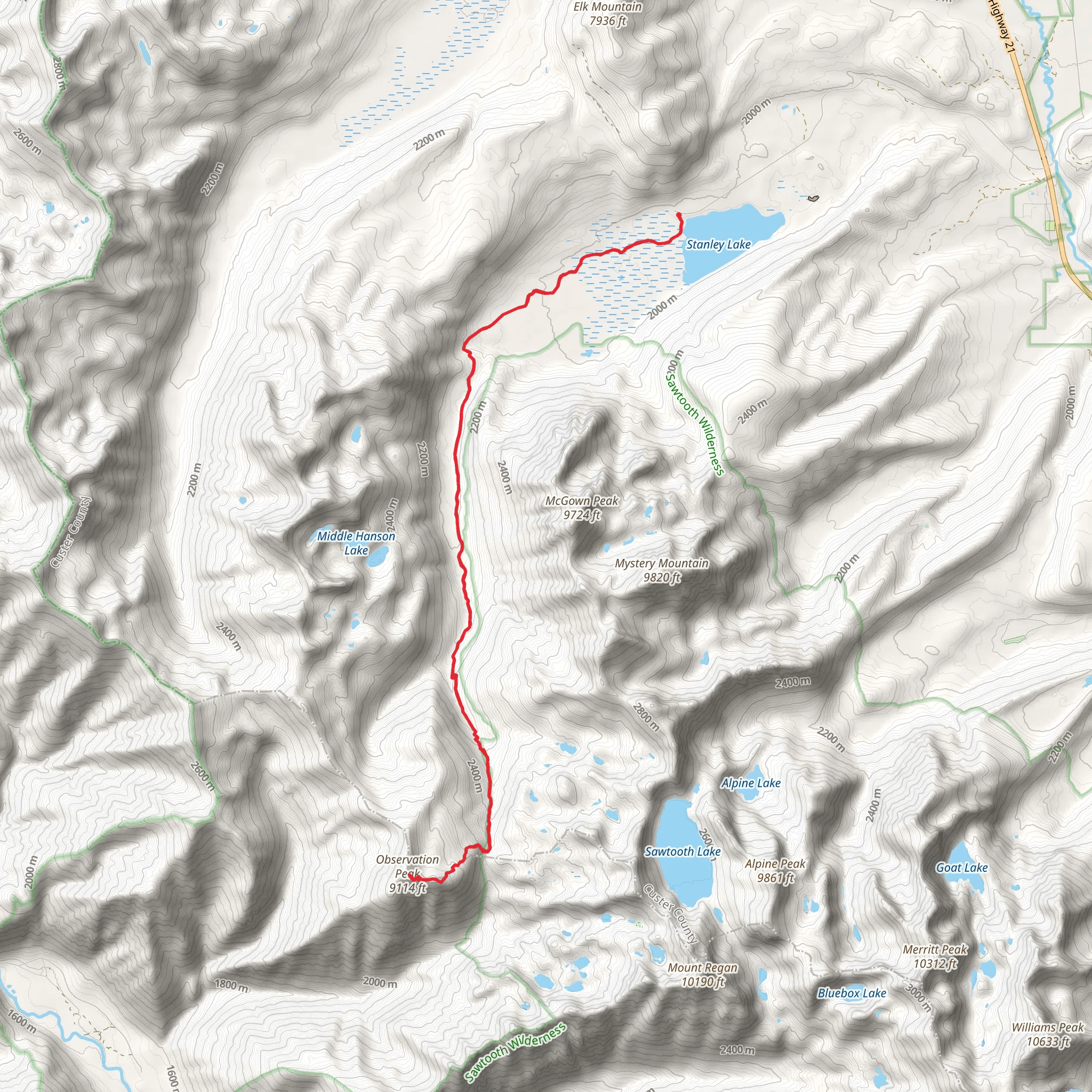 Observation Peak via Iron Creek-Stanley Lake Trail mobile static map