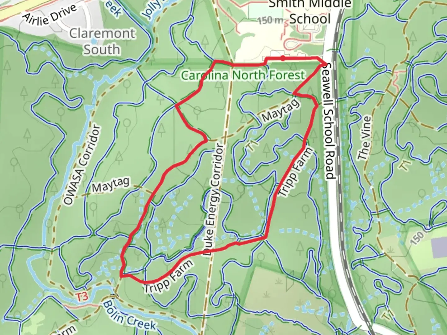 An image depicting the trail Tripp Farm and Lowlands Loop and its surrounding area.