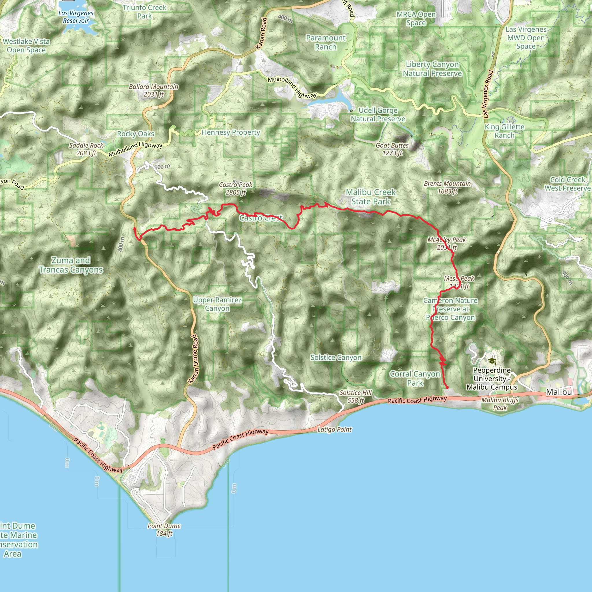 Mesa Peak and McAuley Peak via Backbone Trail mobile static map