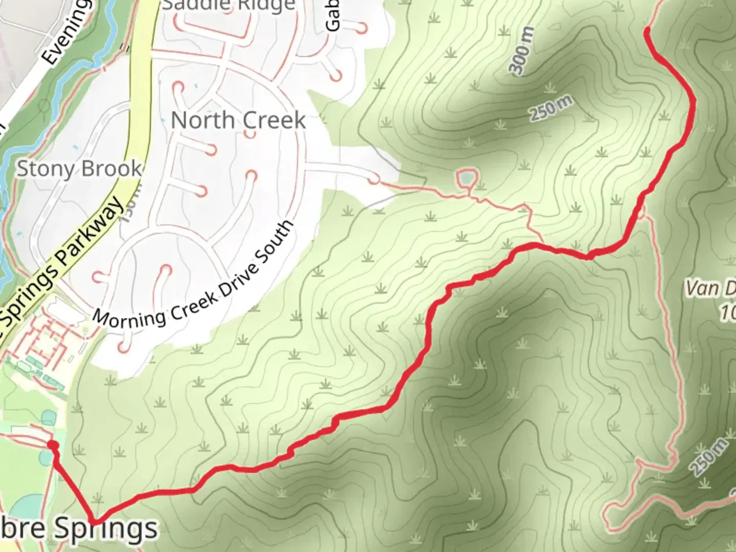 An image depicting the trail Sabre Spring and Iola Way and its surrounding area.