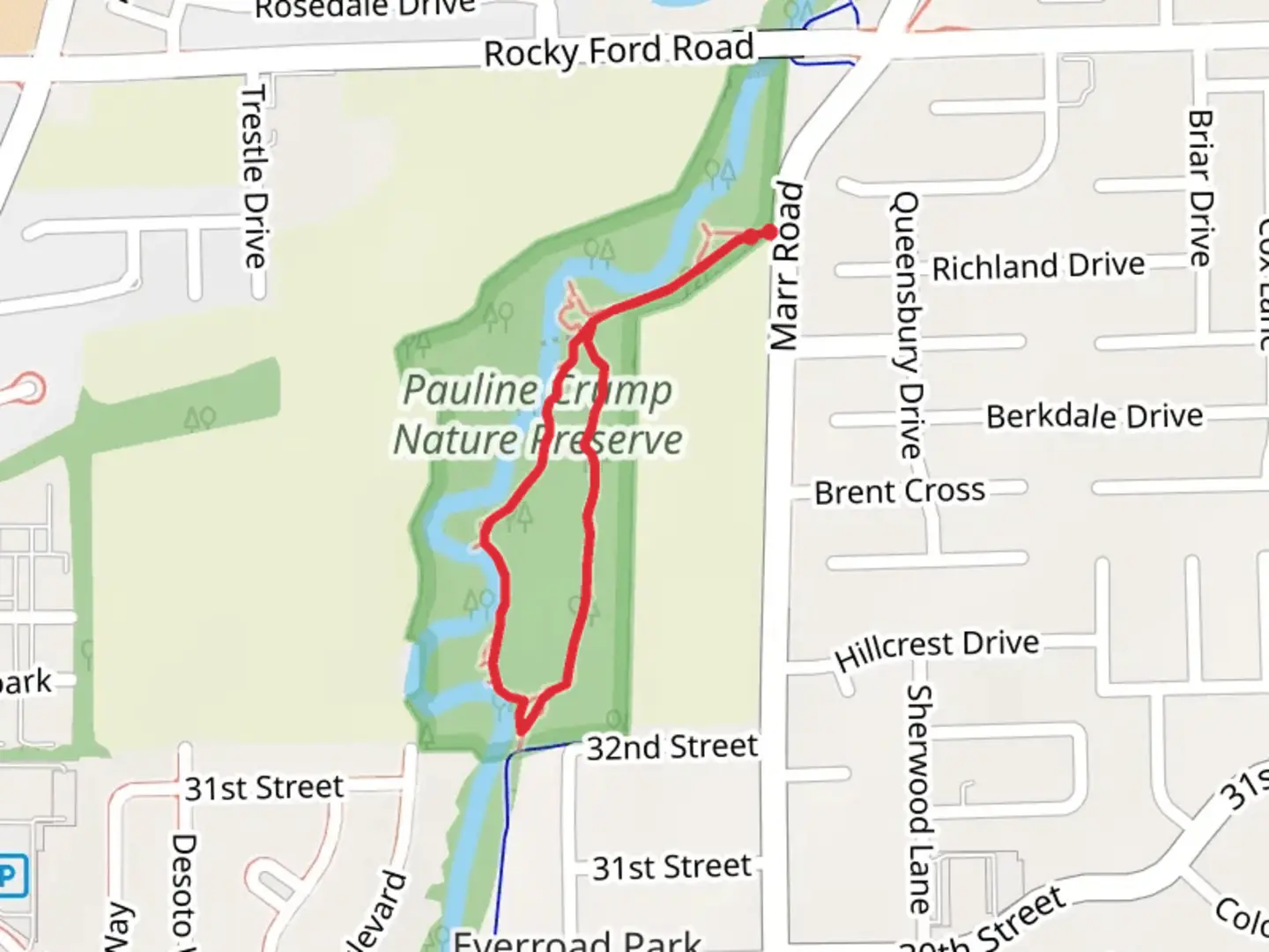 An image depicting the trail Pauline crump Nature Preserve Loop and its surrounding area.