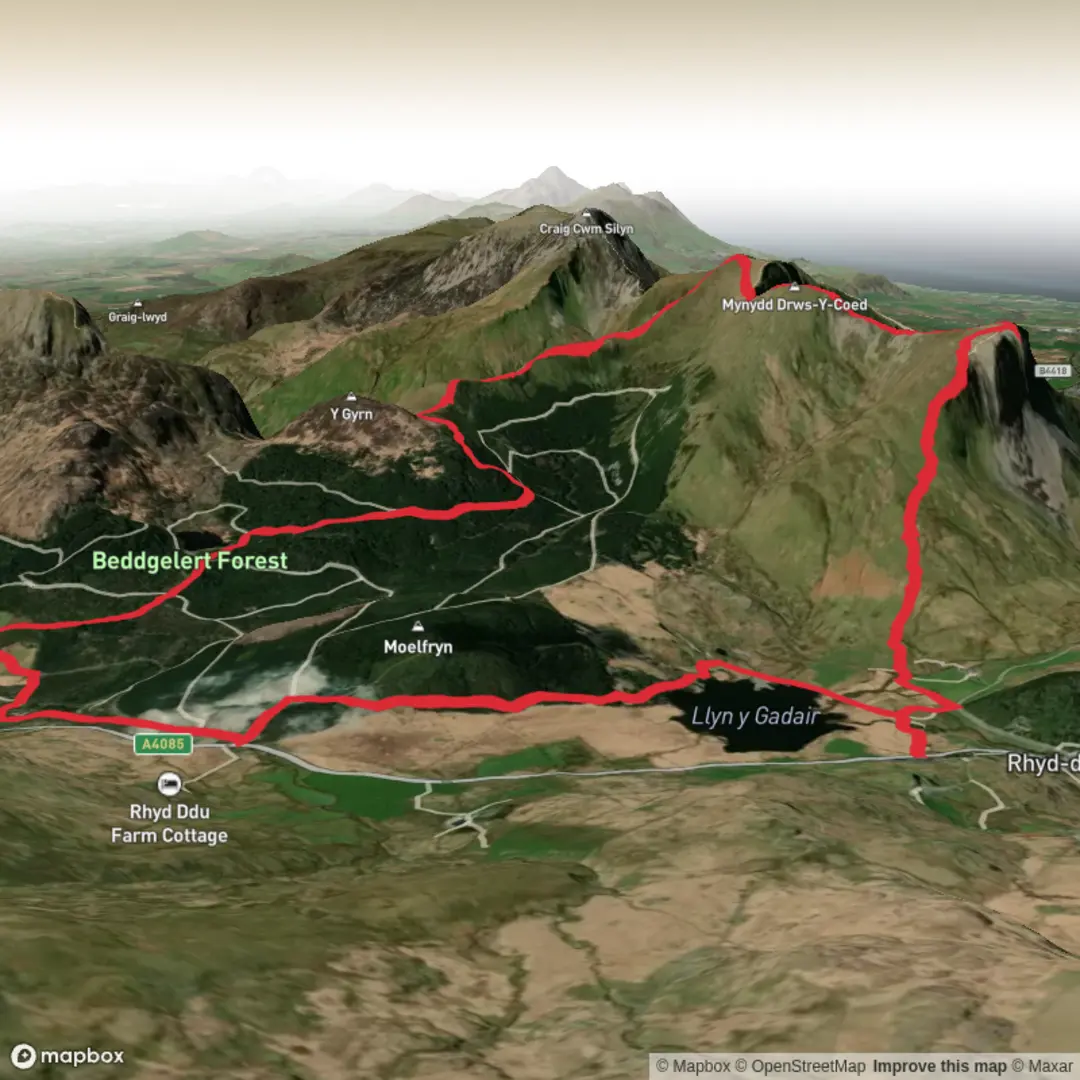 An image depicting the trail Rhyd ddu and Beddgelert forest forest circular and its surrounding area.