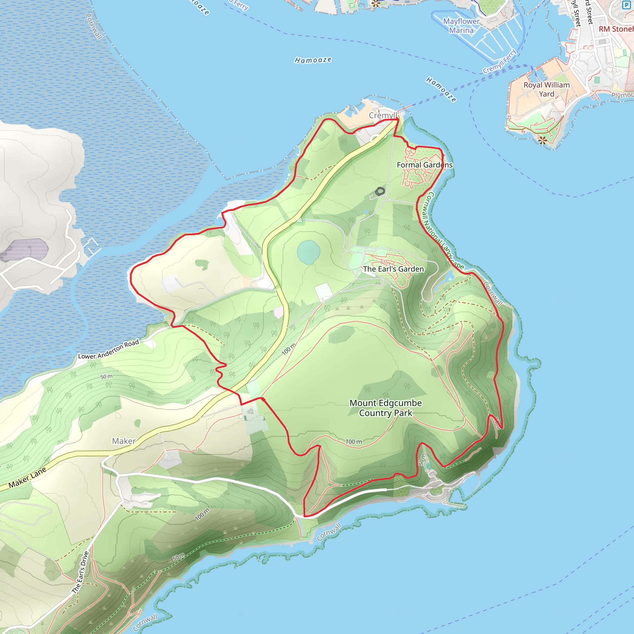 Mount Edgcumbe Country Park Walk via Formal Gardens mobile static map