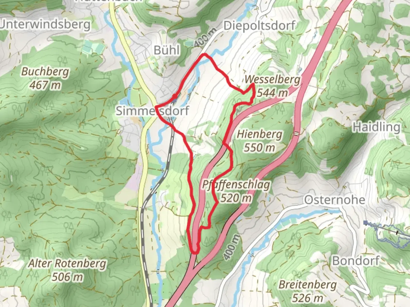 An image depicting the trail Simmelsdorf Loop and its surrounding area.