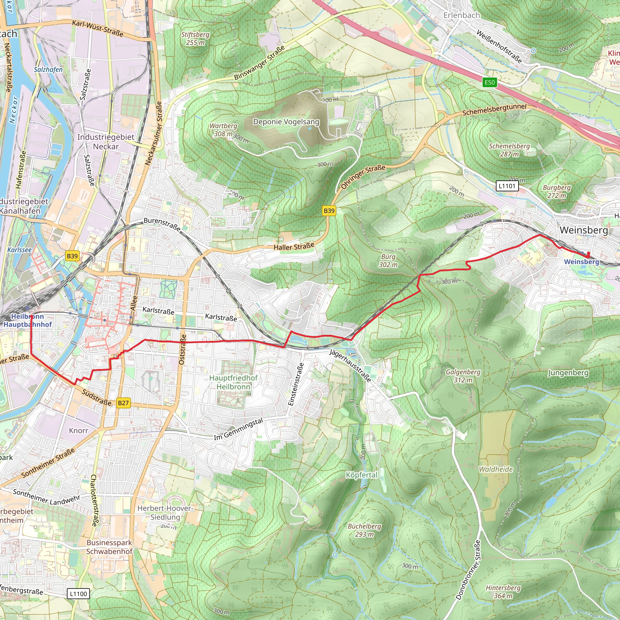 Weinsberg to Hauptbahnhof via Zwischen Stadtsee und Waldheide mobile static map