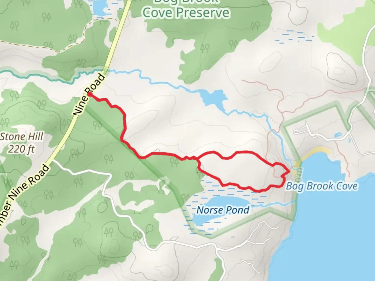 An image depicting the trail Bog Brook Cove and its surrounding area.